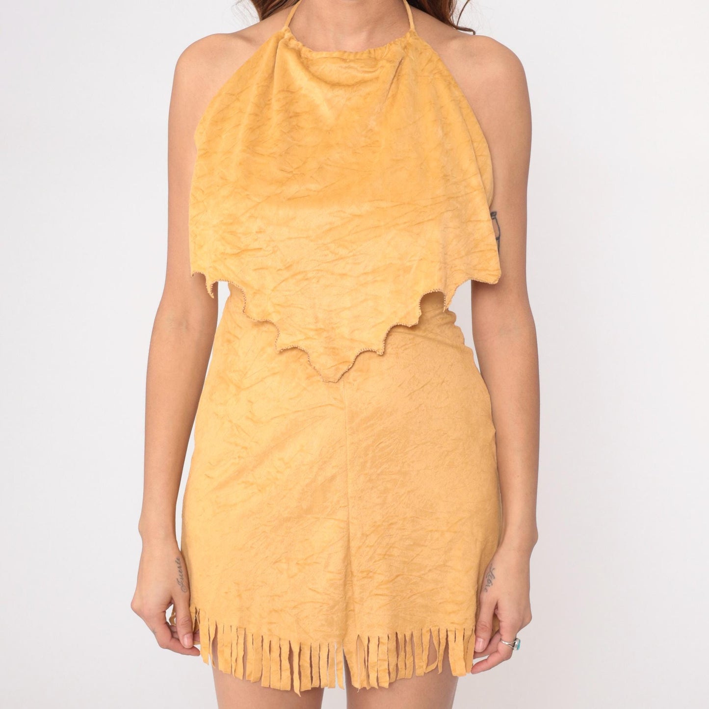 90s Coco Loco Yellow Halter Mini Dress Fringe Hem Medium M