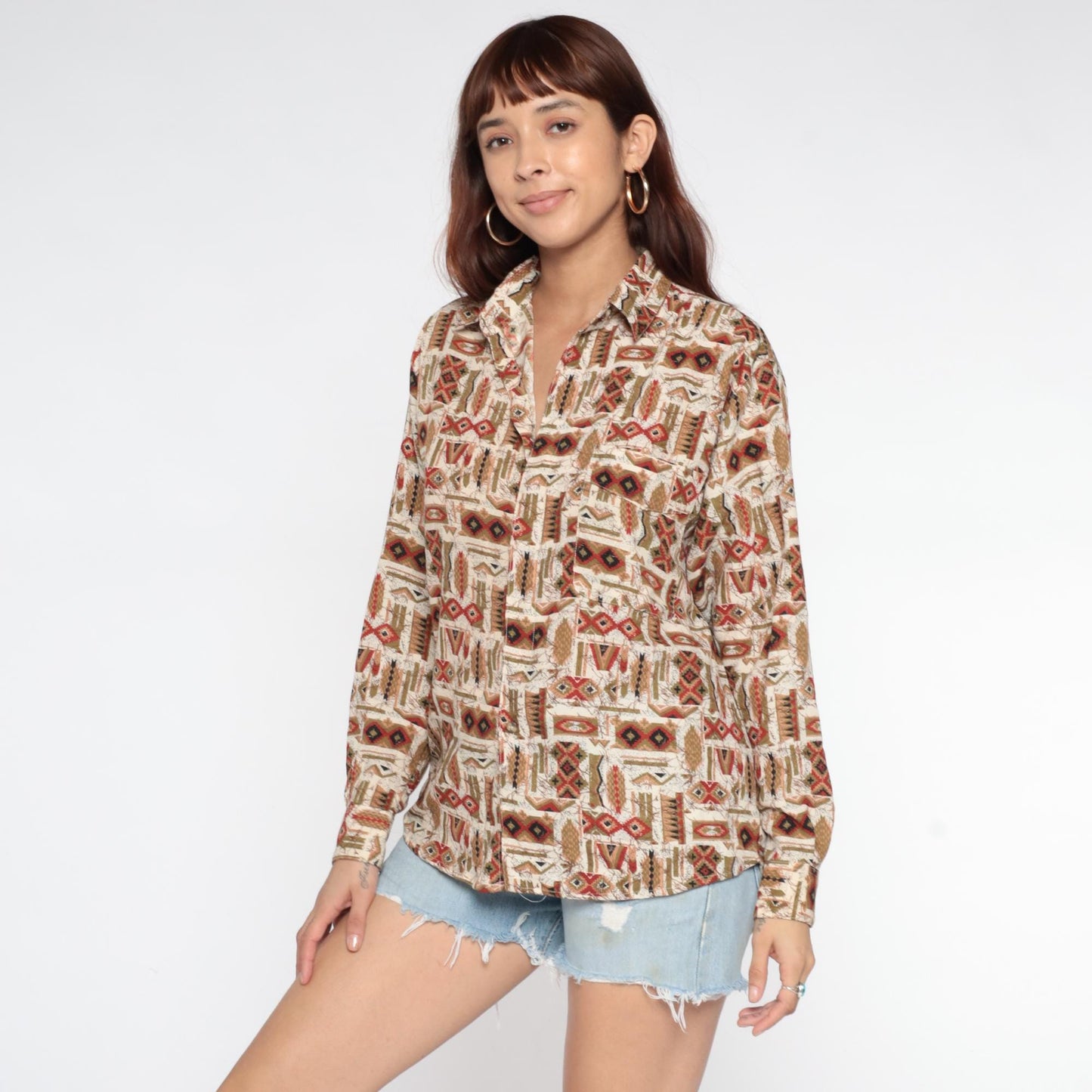 90s Tribal Geometric Button-Up Shirt Cream Rust Red Navy Olive Small