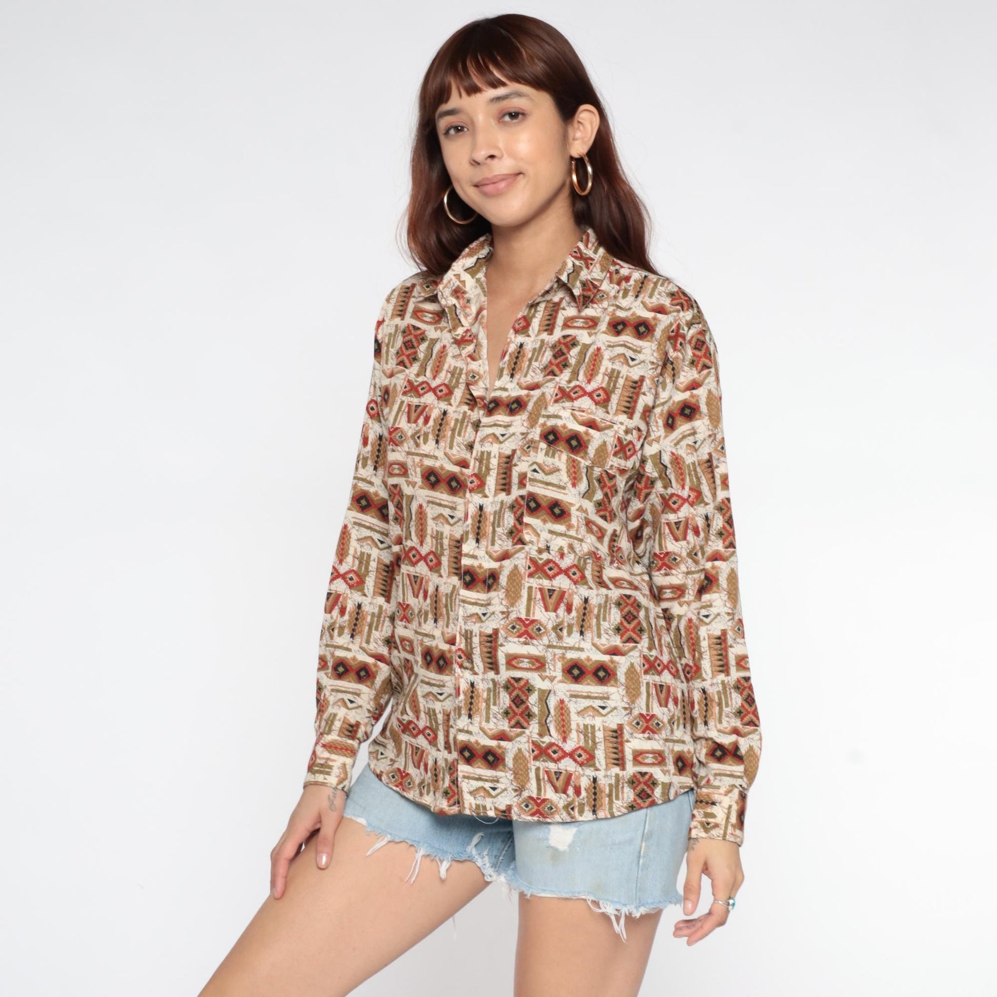 90s Tribal Geometric Button-Up Shirt Cream Rust Red Navy Olive Small