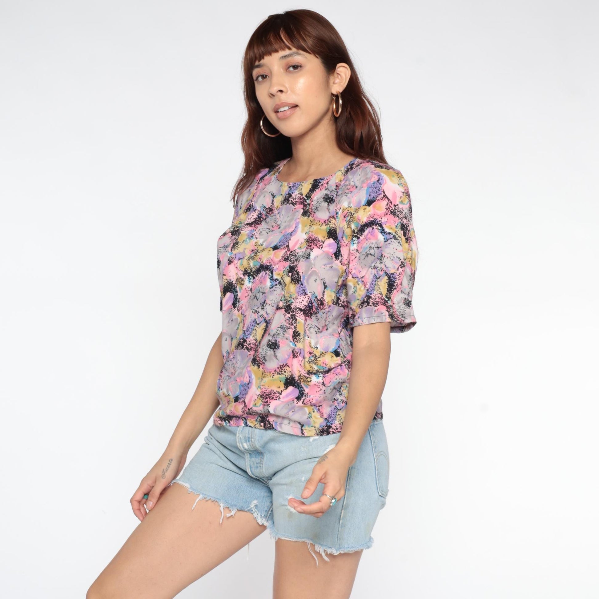90s Floral Rayon Top Pastel Watercolor Print Scoop Neck Short Sleeve Small