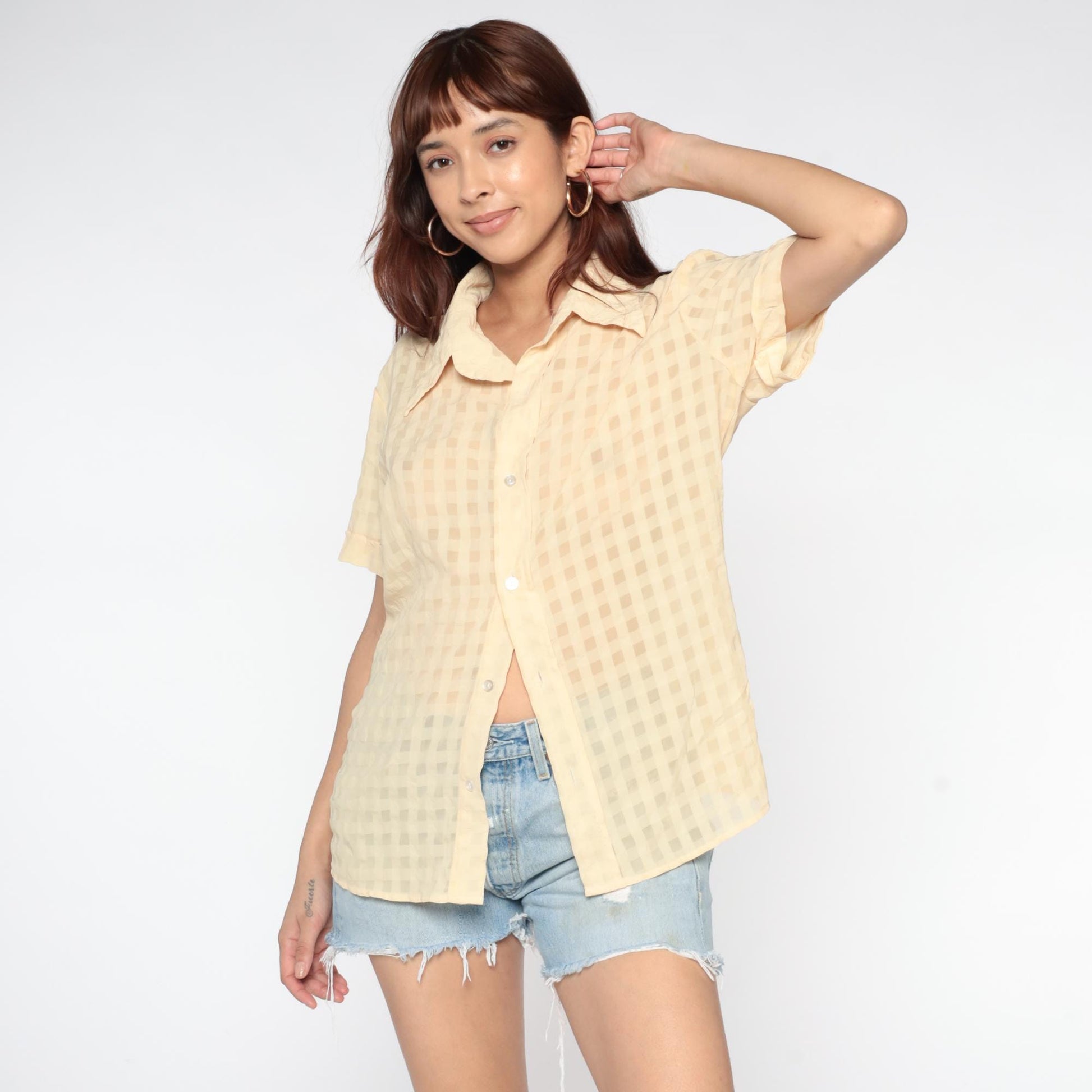 90s Denis Battochio Cream Gingham Button-Up Shirt Short Sleeve Medium M