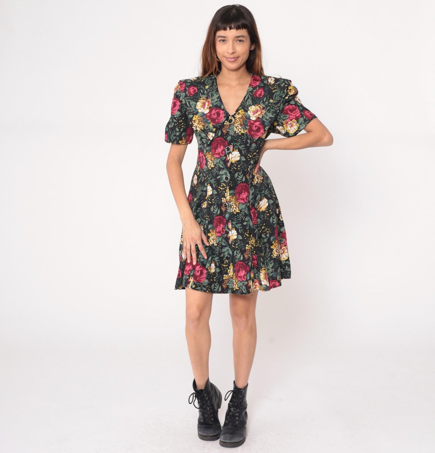 90s All That Jazz Floral Mini Dress Black Button Front V Neck Puff Sleeve Large