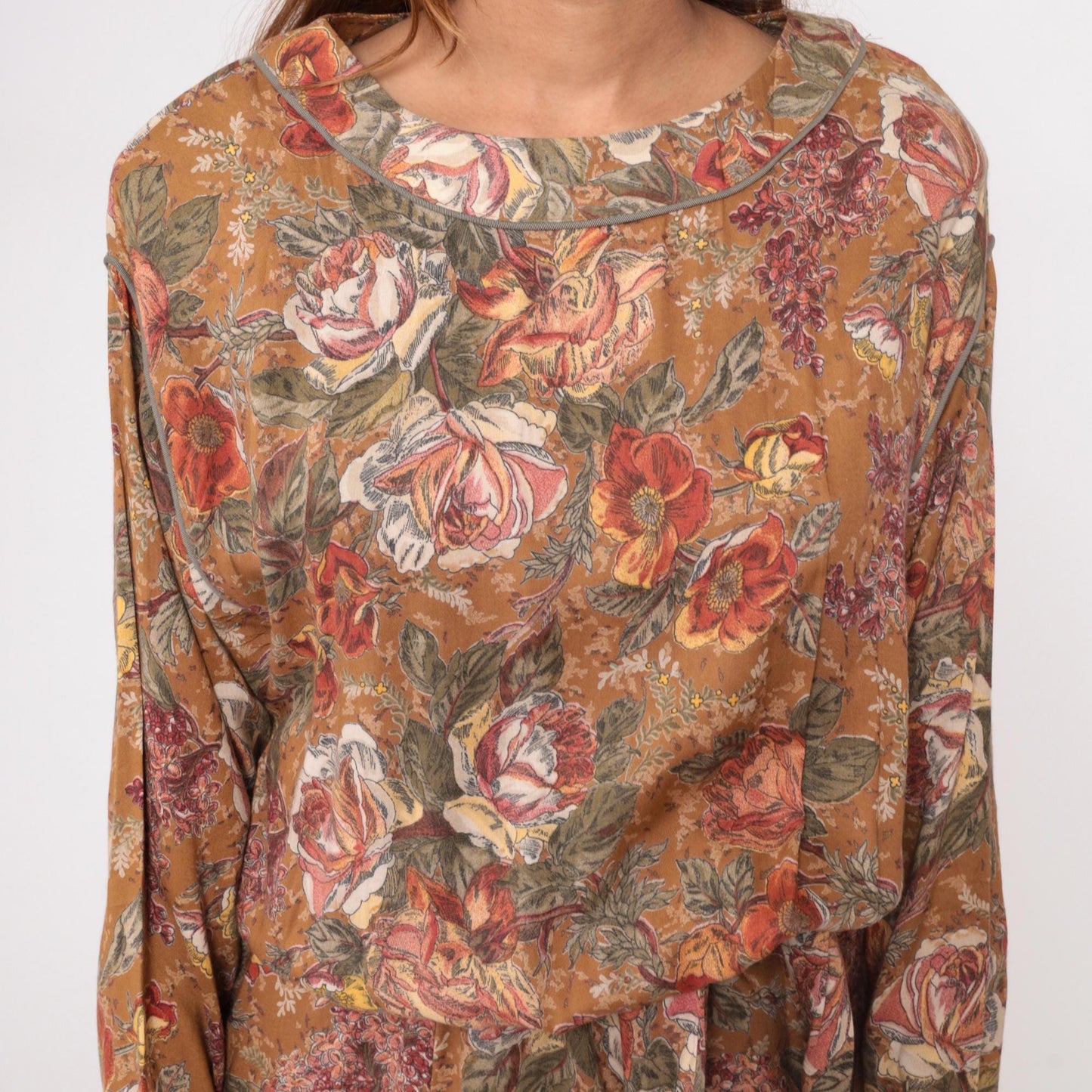90s Carole Little Floral Midi Dress Long Sleeve Blouson Waist Brown Medium