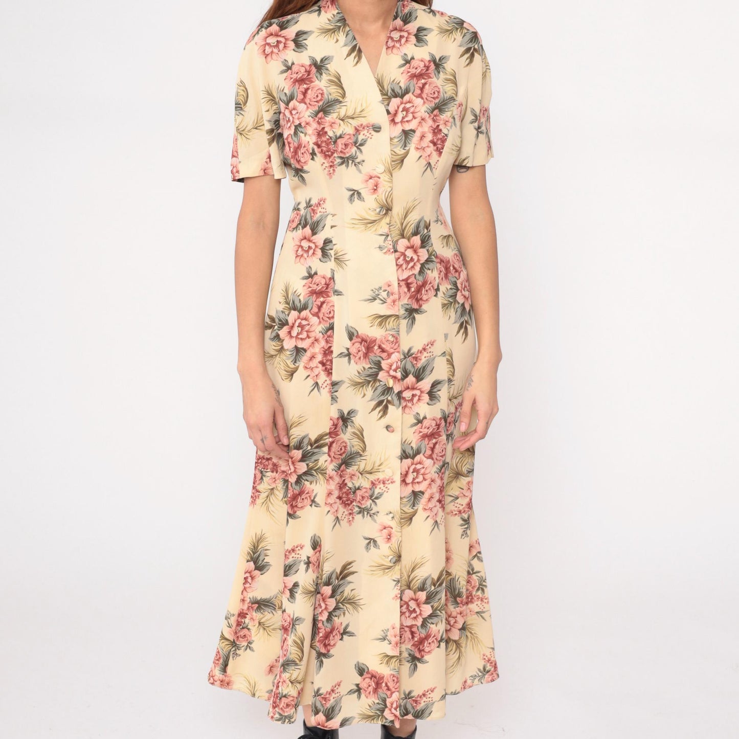 90s Yellow Floral Maxi Dress Pink Roses V-Neck Short Sleeve Medium