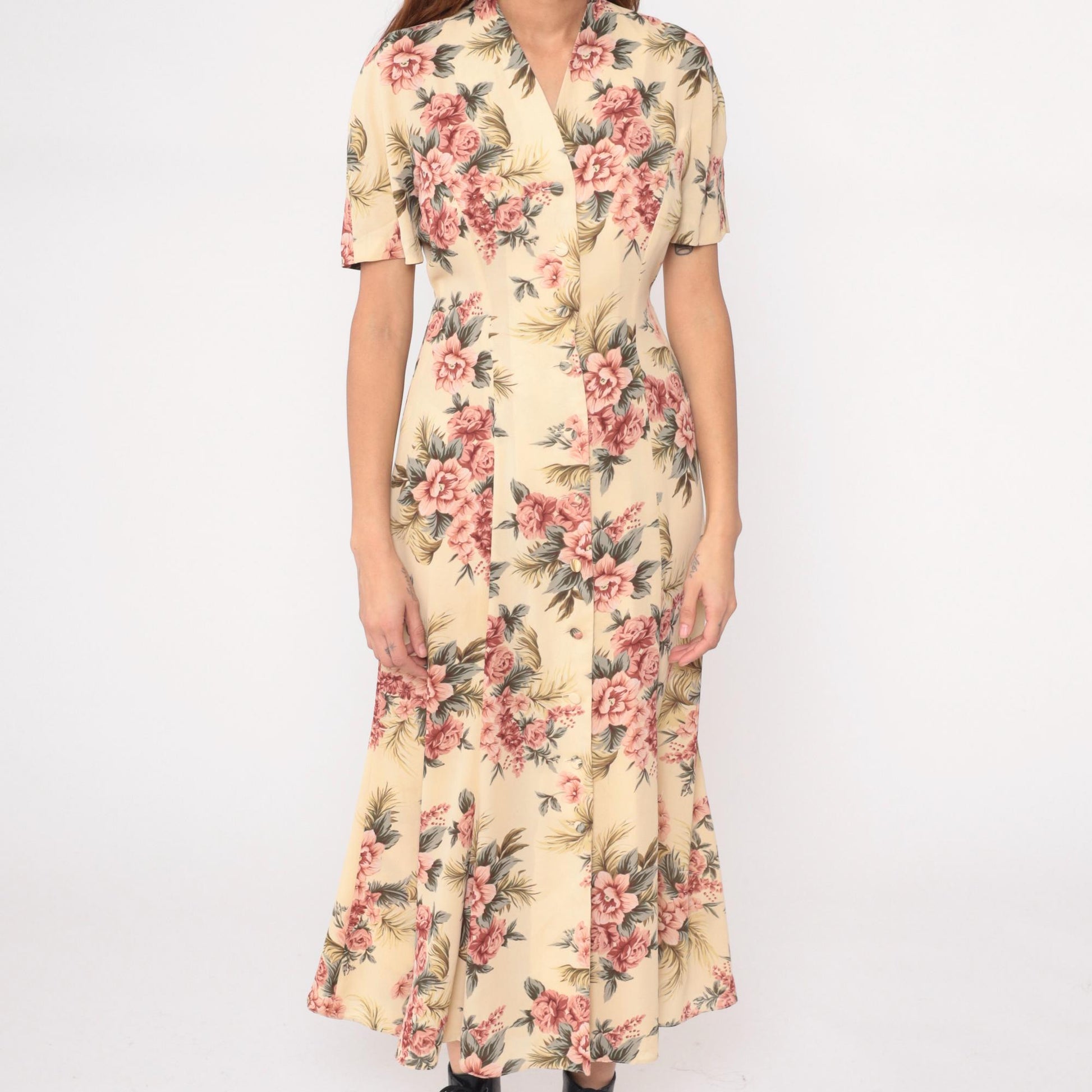 90s Yellow Floral Maxi Dress Pink Roses V-Neck Short Sleeve Medium