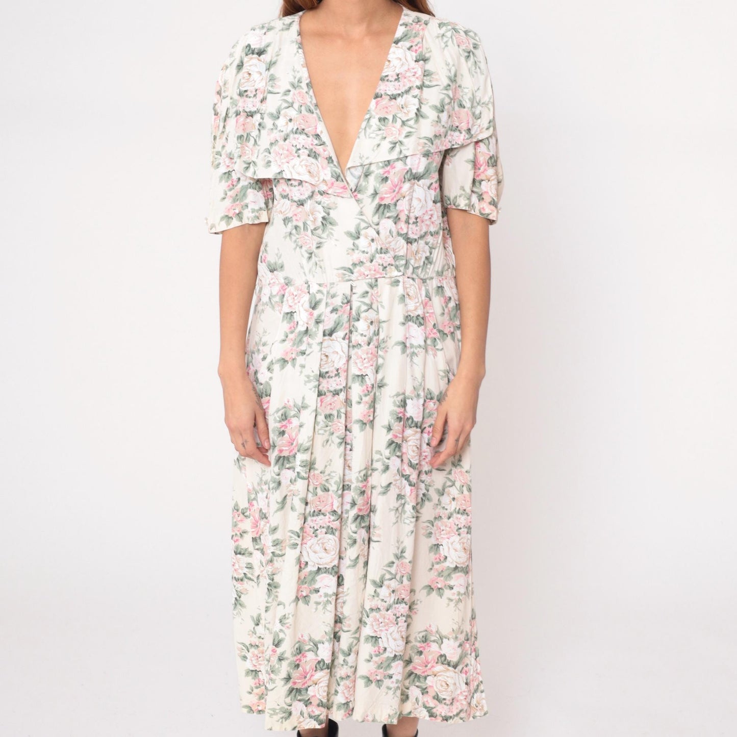 90s Jessica Ryan Floral Midi Dress Pink Rose Print Cream Flutter Sleeve Large
