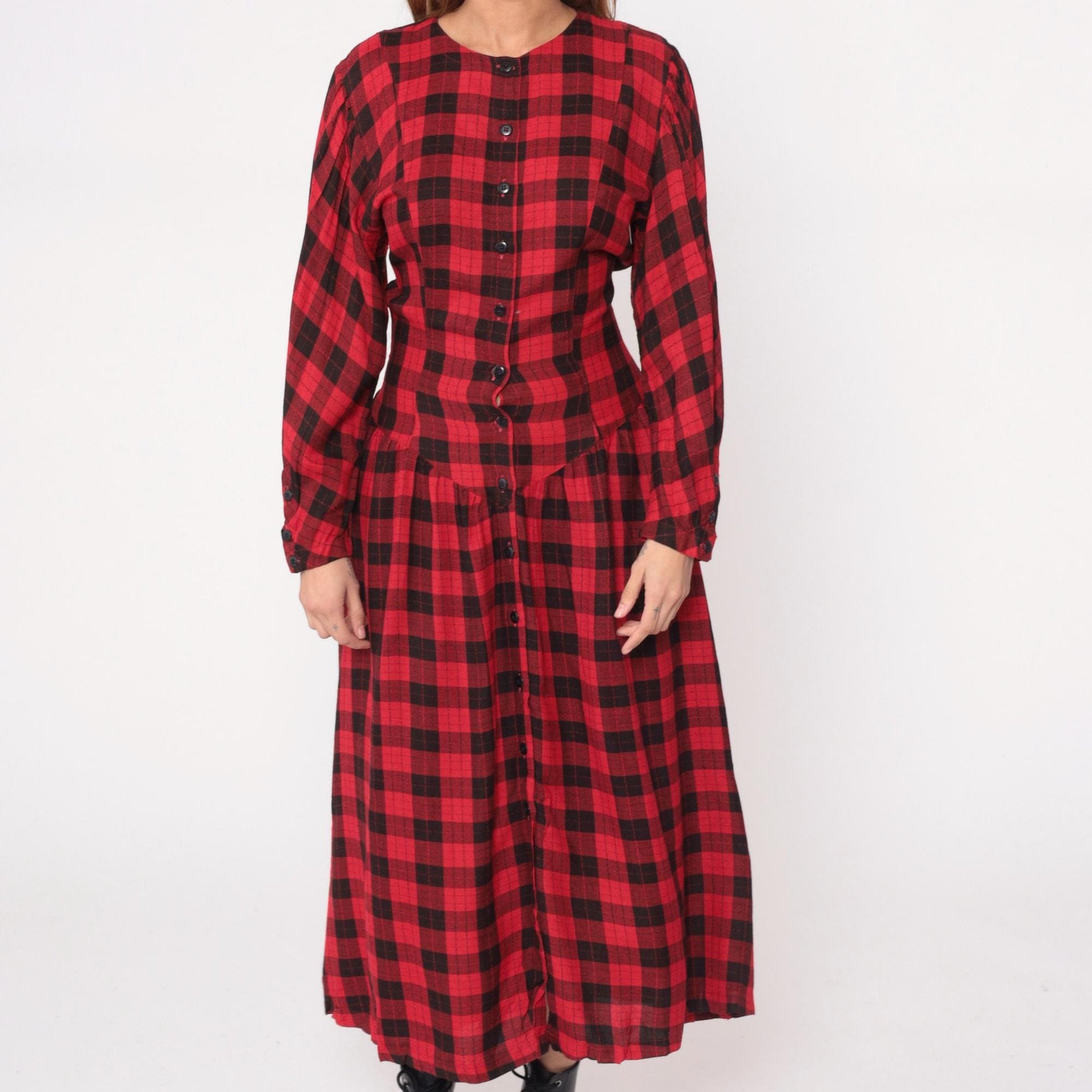 90s Phool Buffalo Plaid Maxi Dress Red Black Check Button Front Medium M