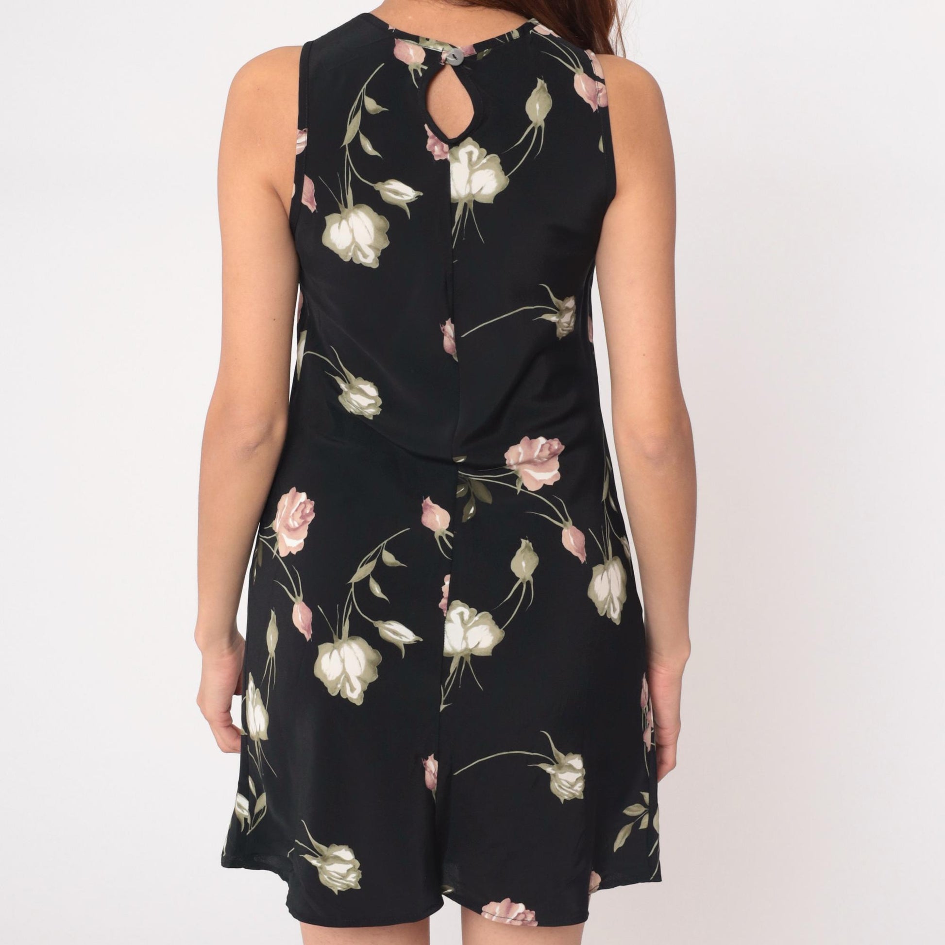 90s Sense Floral Mini Dress Black Pink Rose Keyhole Back Medium M