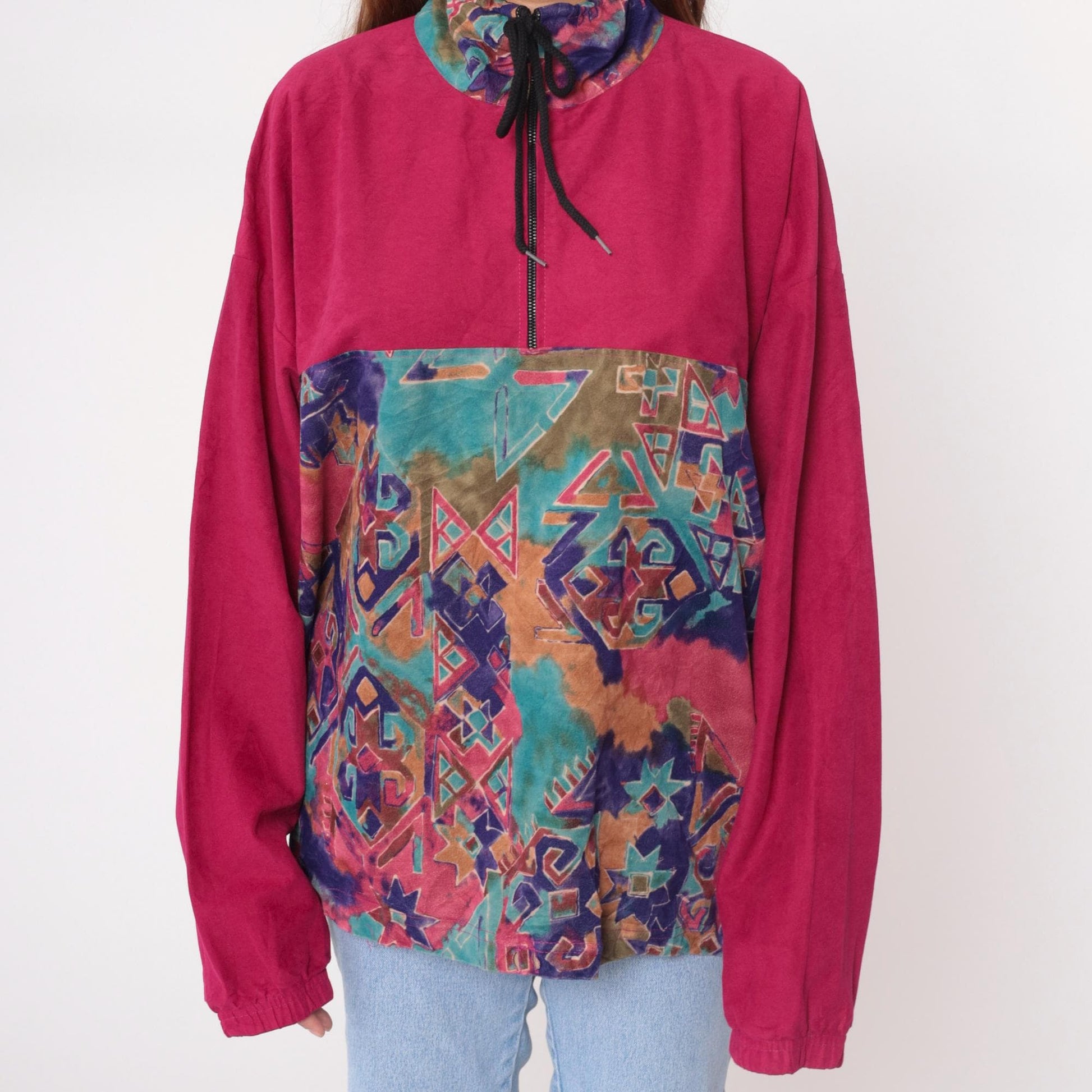 90s Sun Triangle Hot Pink Fleece Half-Zip Pullover Geometric Pattern Large