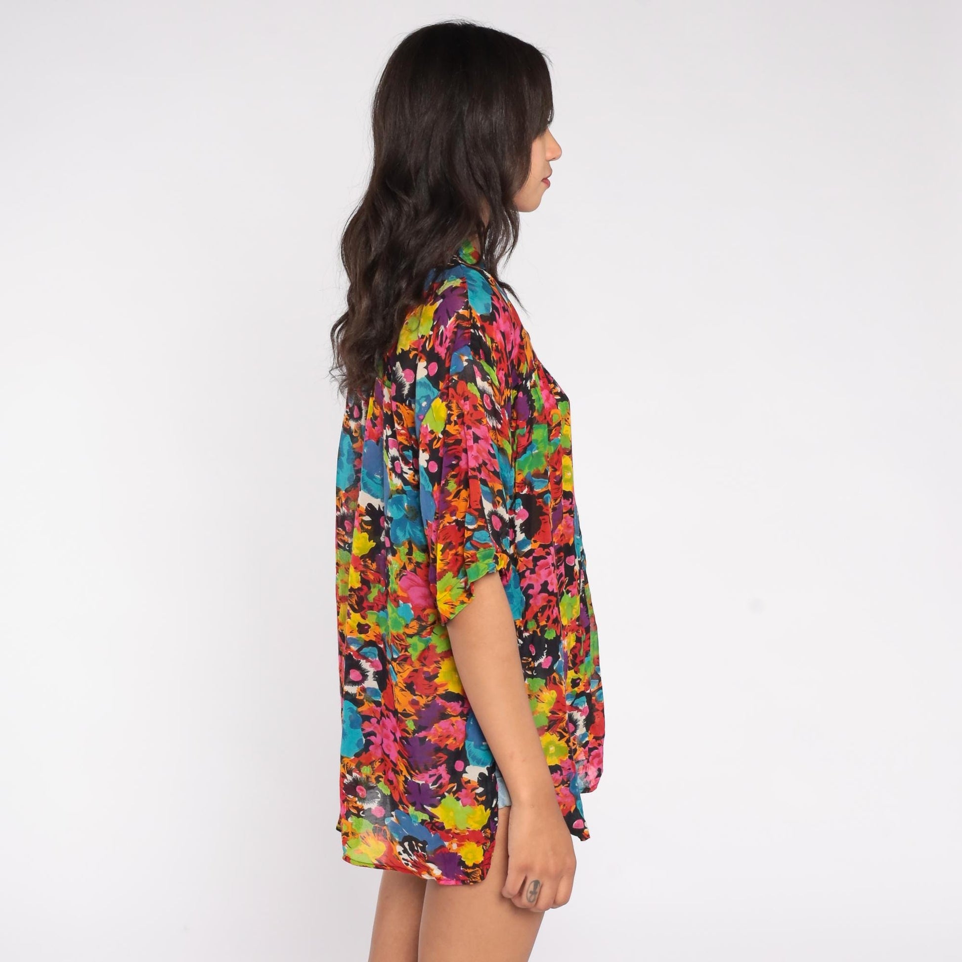 90s Whistles Abstract Floral Shirt Multi-Color Short Sleeve Cotton Blend Medium M