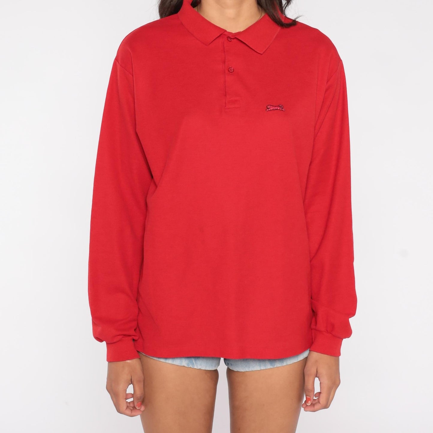 80s LeTigre Red Polo Shirt Long Sleeve Embroidered Logo Extra Large XL