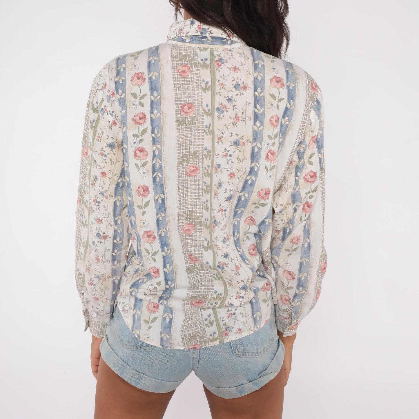 90s Floral Striped Cotton Blend Blouse Pink Blue Sage Cream Medium M