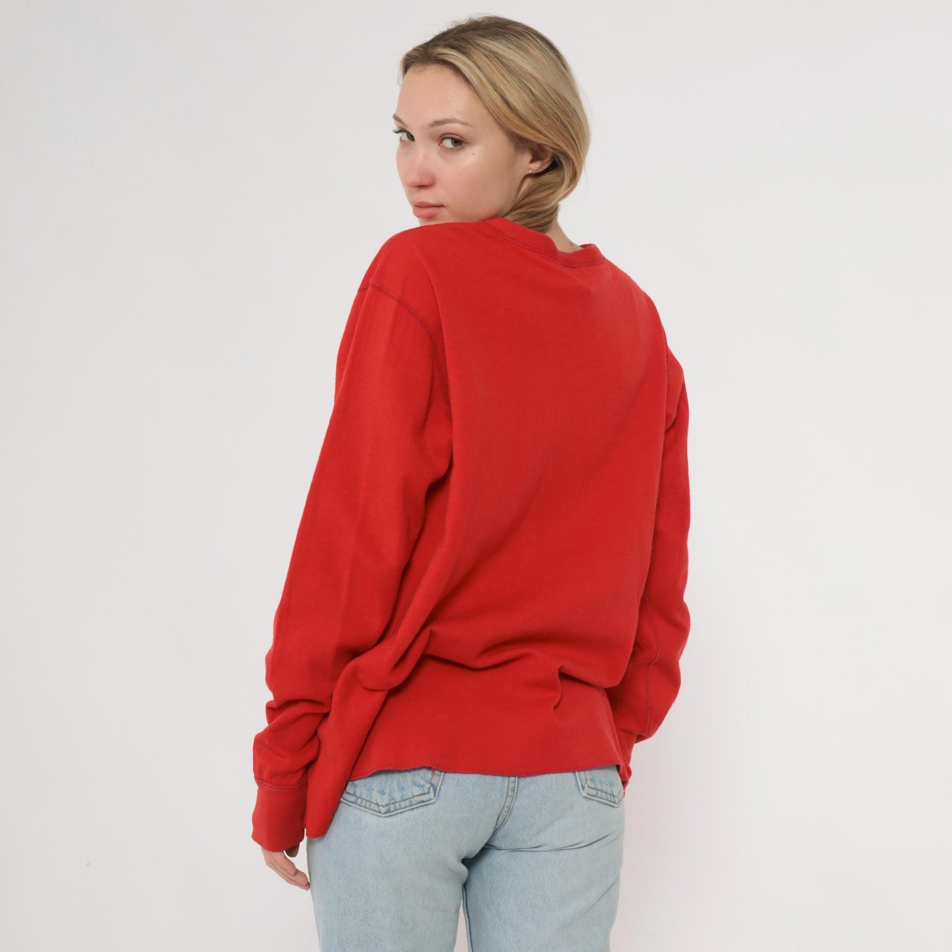 80s LL Bean Red Henley Shirt Cotton Blend Long Sleeve Medium