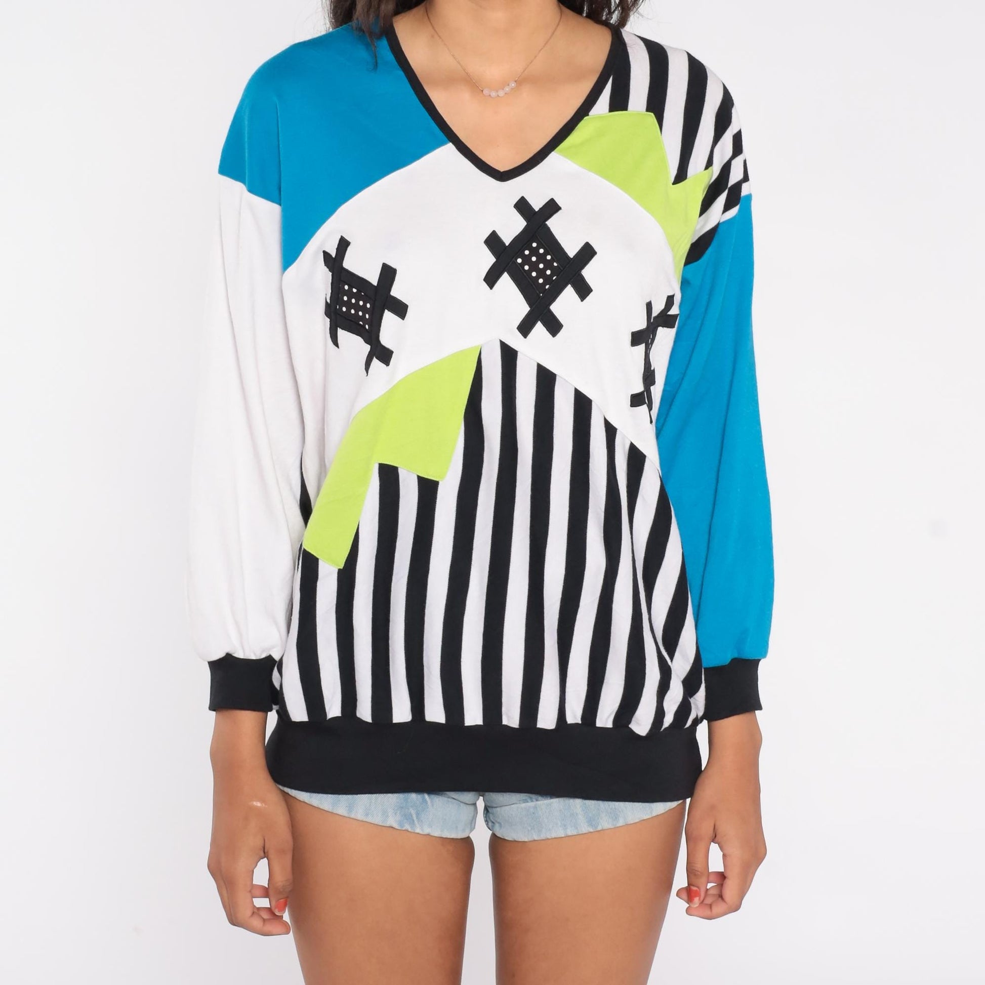 90s Bonnie and Bill Colorblock Sweatshirt Geometric Studs Black Blue Yellow Large