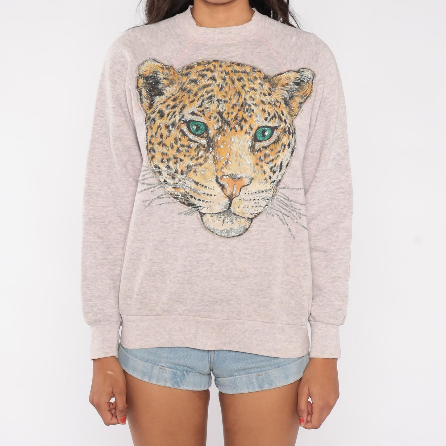 90s Tultex Leopard Sweatshirt Grey Glitter Graphic Raglan Large L