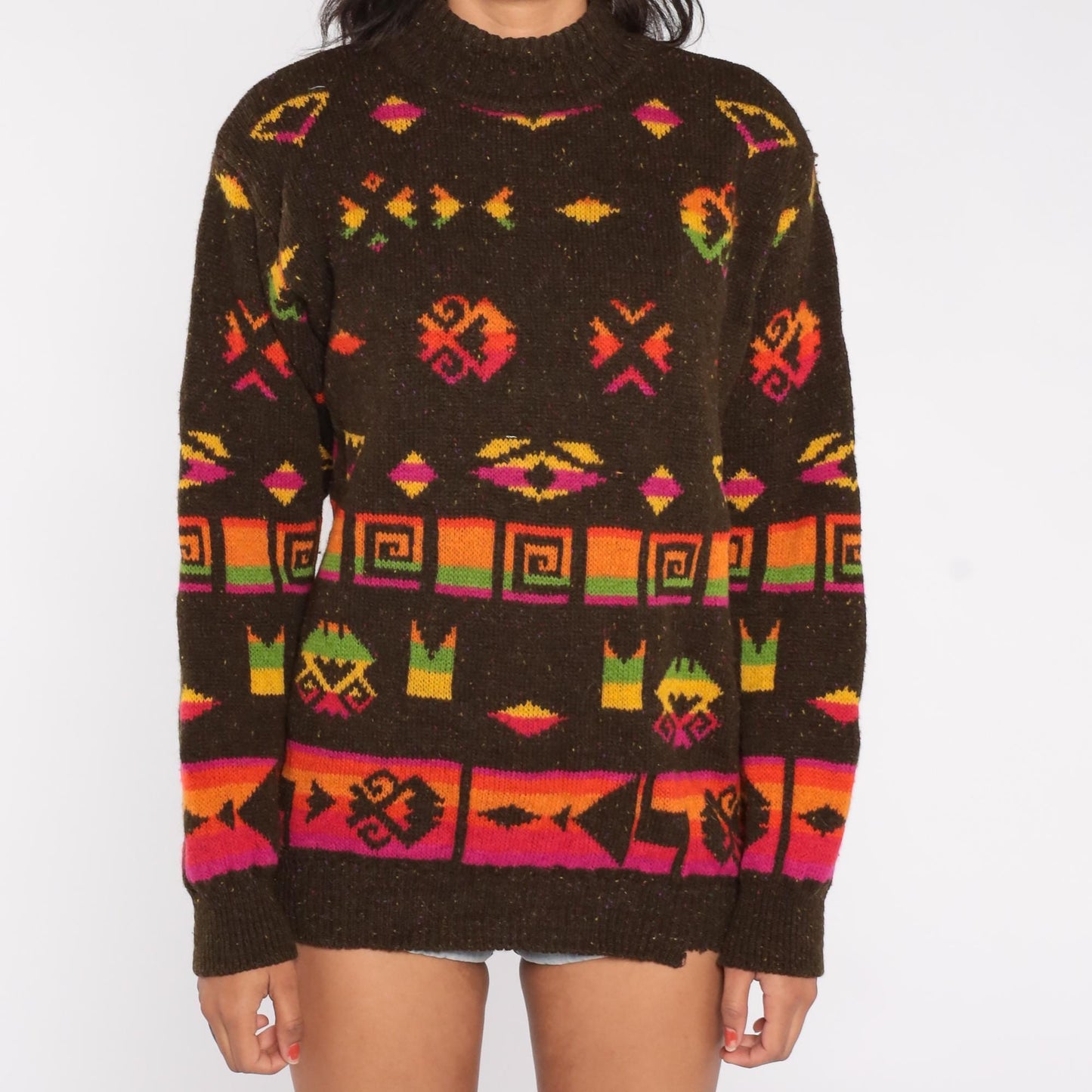 90s United Colors of Benetton Southwestern Sweater Mock Neck Wool Blend Medium M