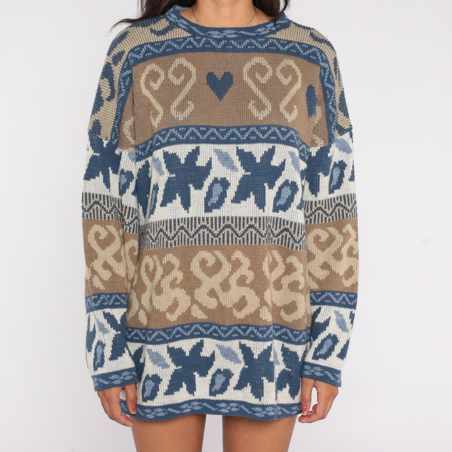 80s Nan Dorsey Fair Isle Sweater Nordic Hearts Blue Brown Geometric Knit Extra Large