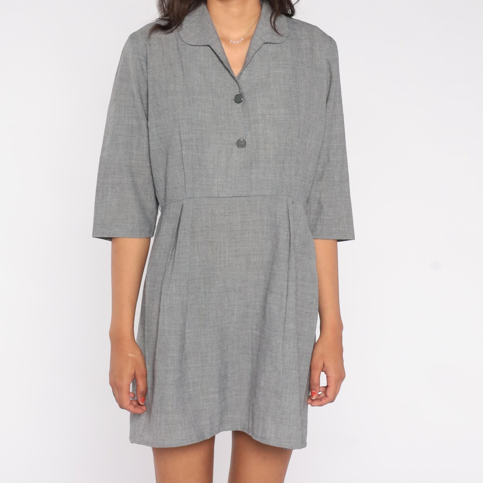 1950s Grey Shirt Dress Button-Front Collar A-Line Knee-Length Large L