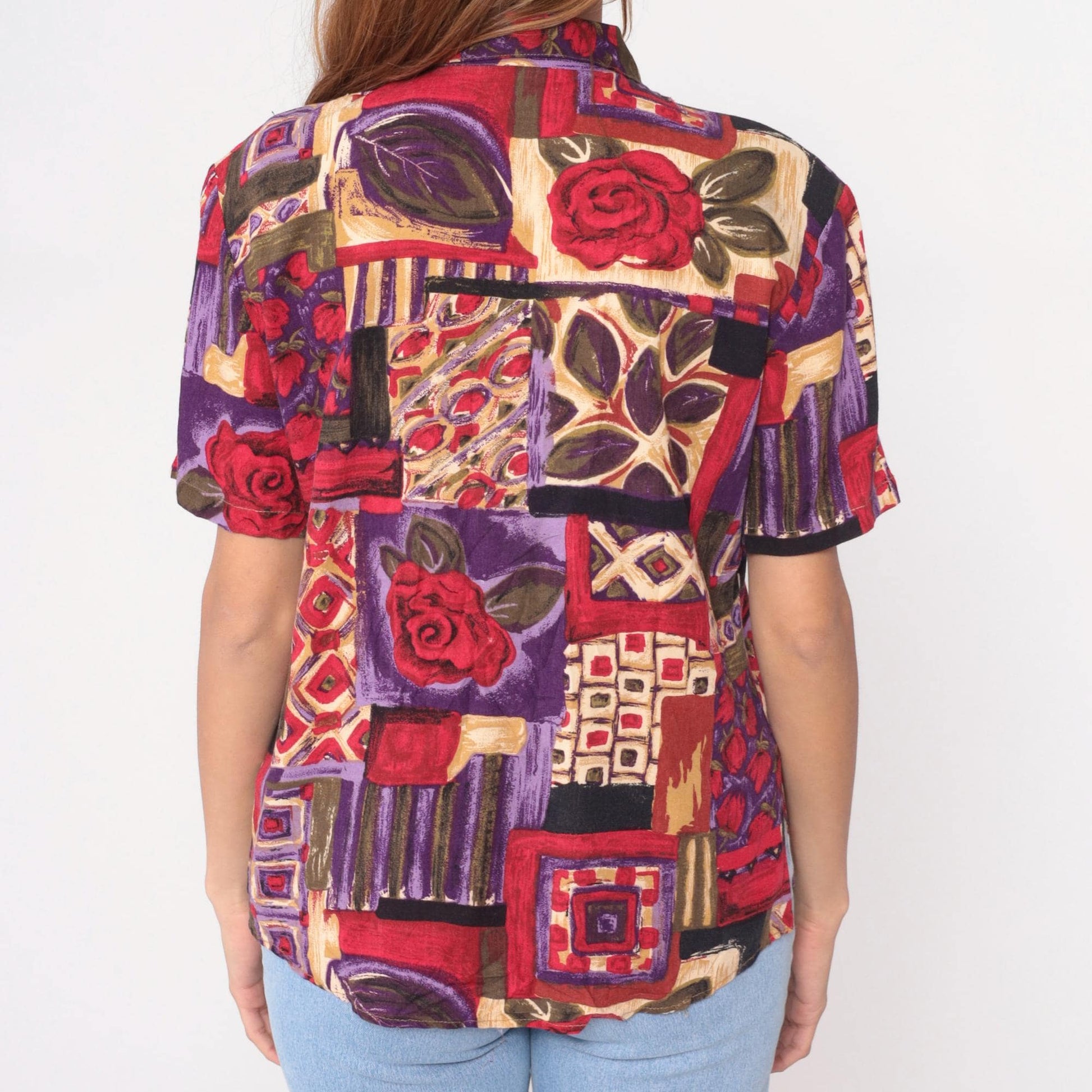 90s Patchwork Abstract Button-Up Shirt Geometric Rose Print Purple Medium