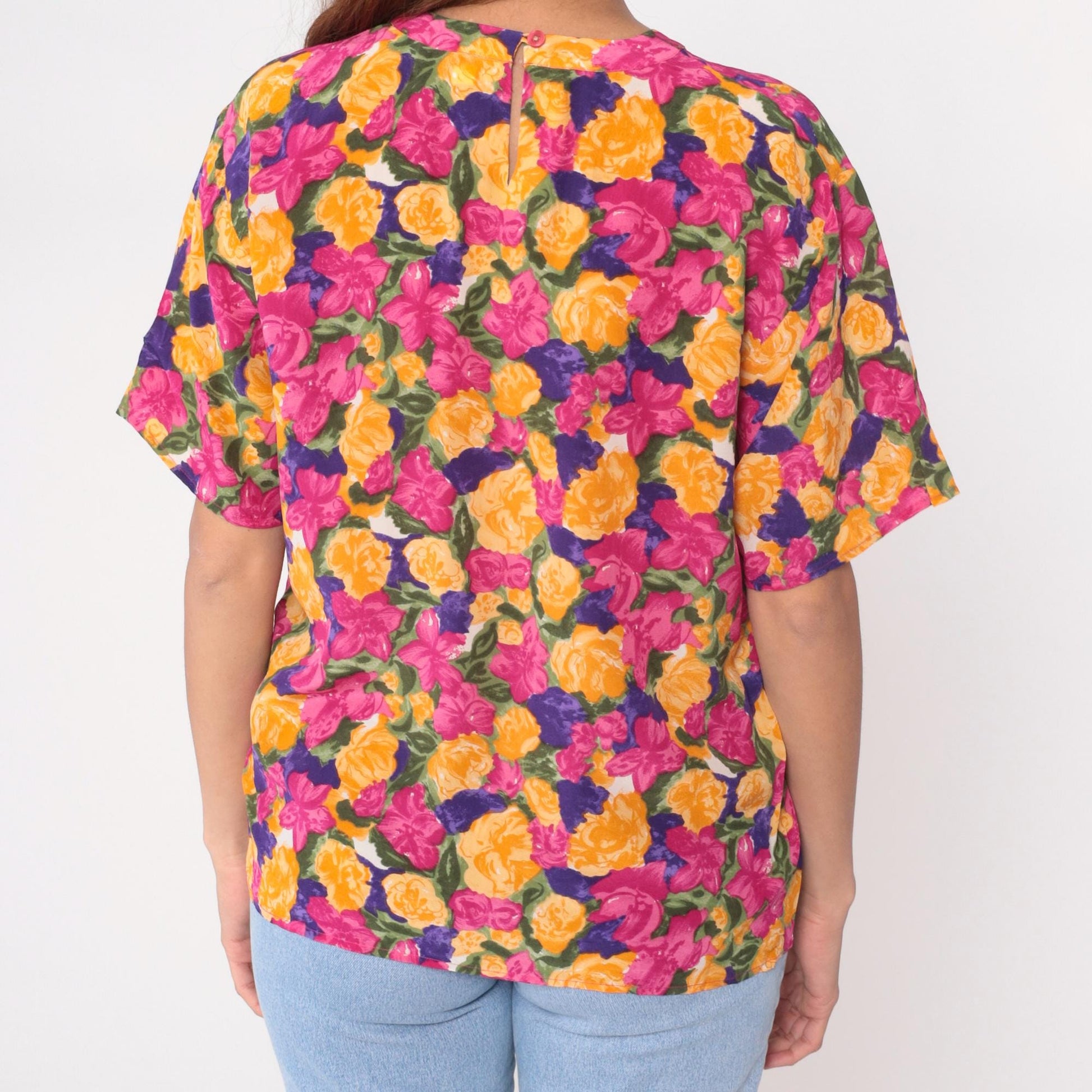 90s Winter Silks Floral Blouse Rose Print Royal Blue Short Sleeve Medium