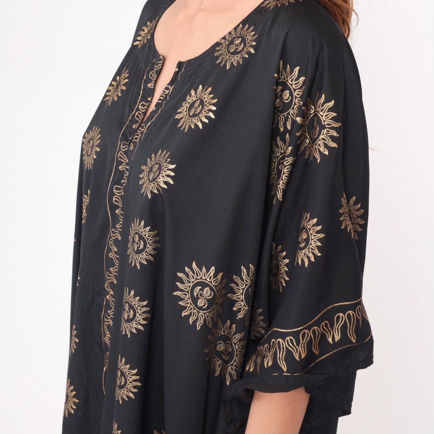 Y2K Black Caftan Sun Yin-Yang Gold Embroidered Kimono Maxi Dress One Size