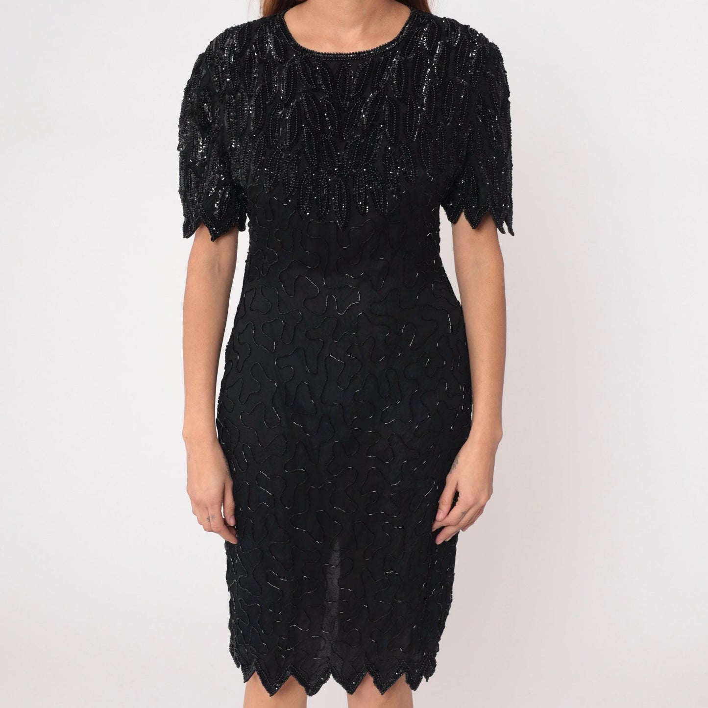 90s Laurence Kazar Black Beaded Silk Cocktail Dress Knee-Length Medium M