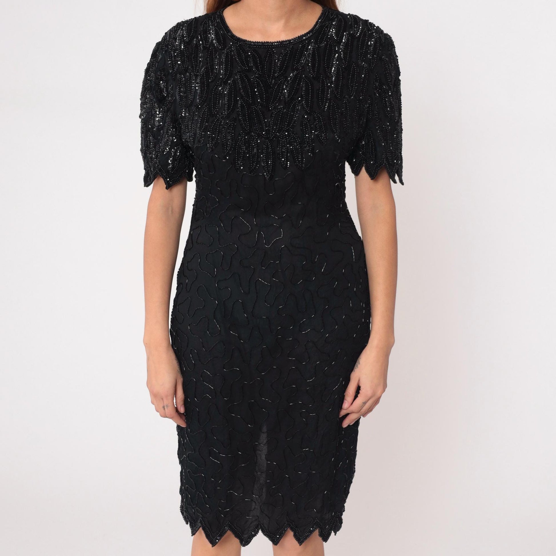 90s Laurence Kazar Black Beaded Silk Cocktail Dress Knee-Length Medium M