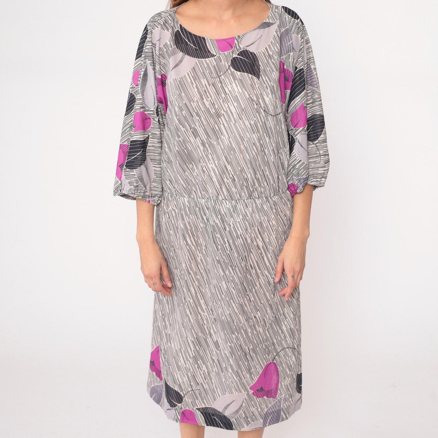 70s Abstract Maxi Dress Purple Grey Black Line Pattern Three Quarter Sleeve Extra Large