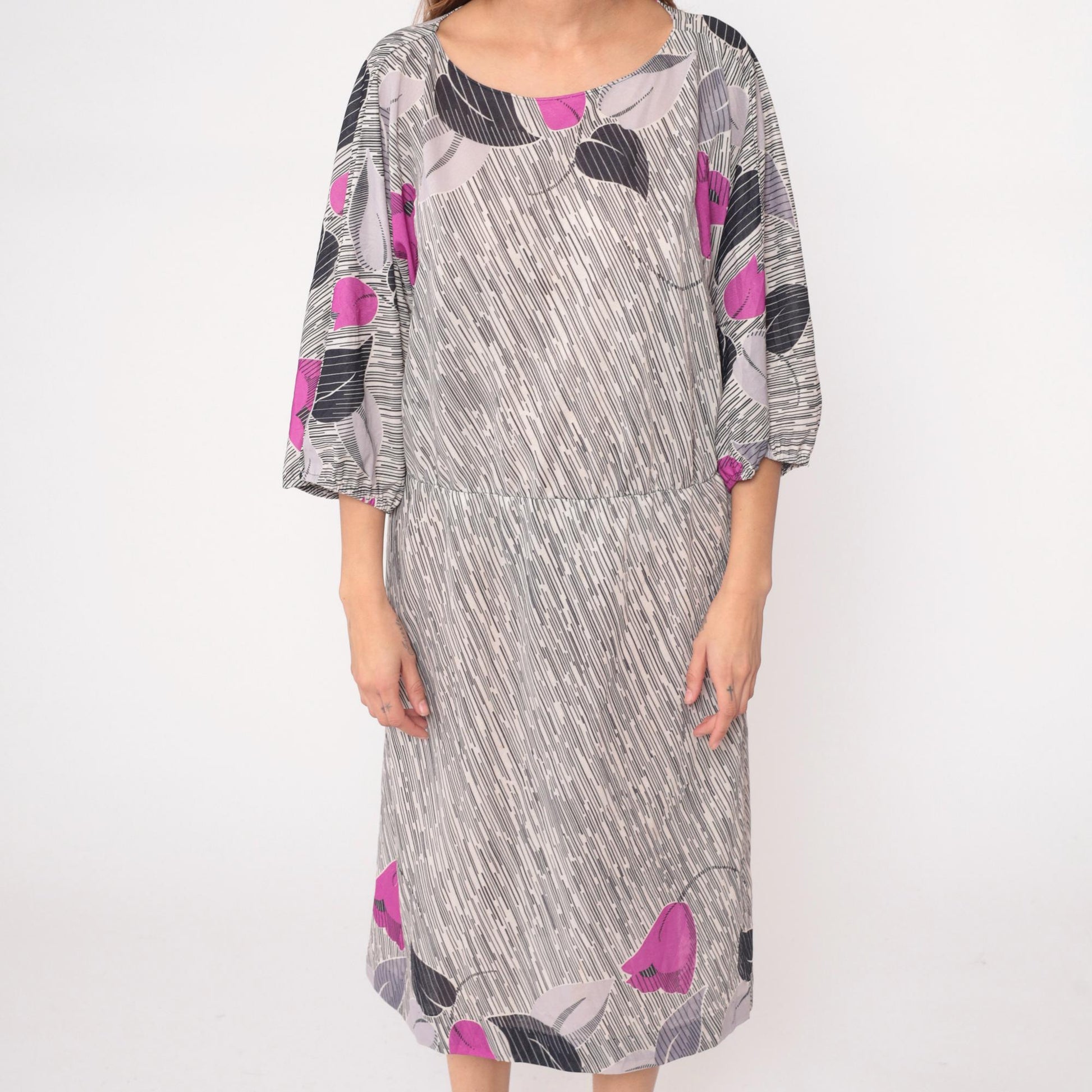 70s Abstract Maxi Dress Purple Grey Black Line Pattern Three Quarter Sleeve Extra Large