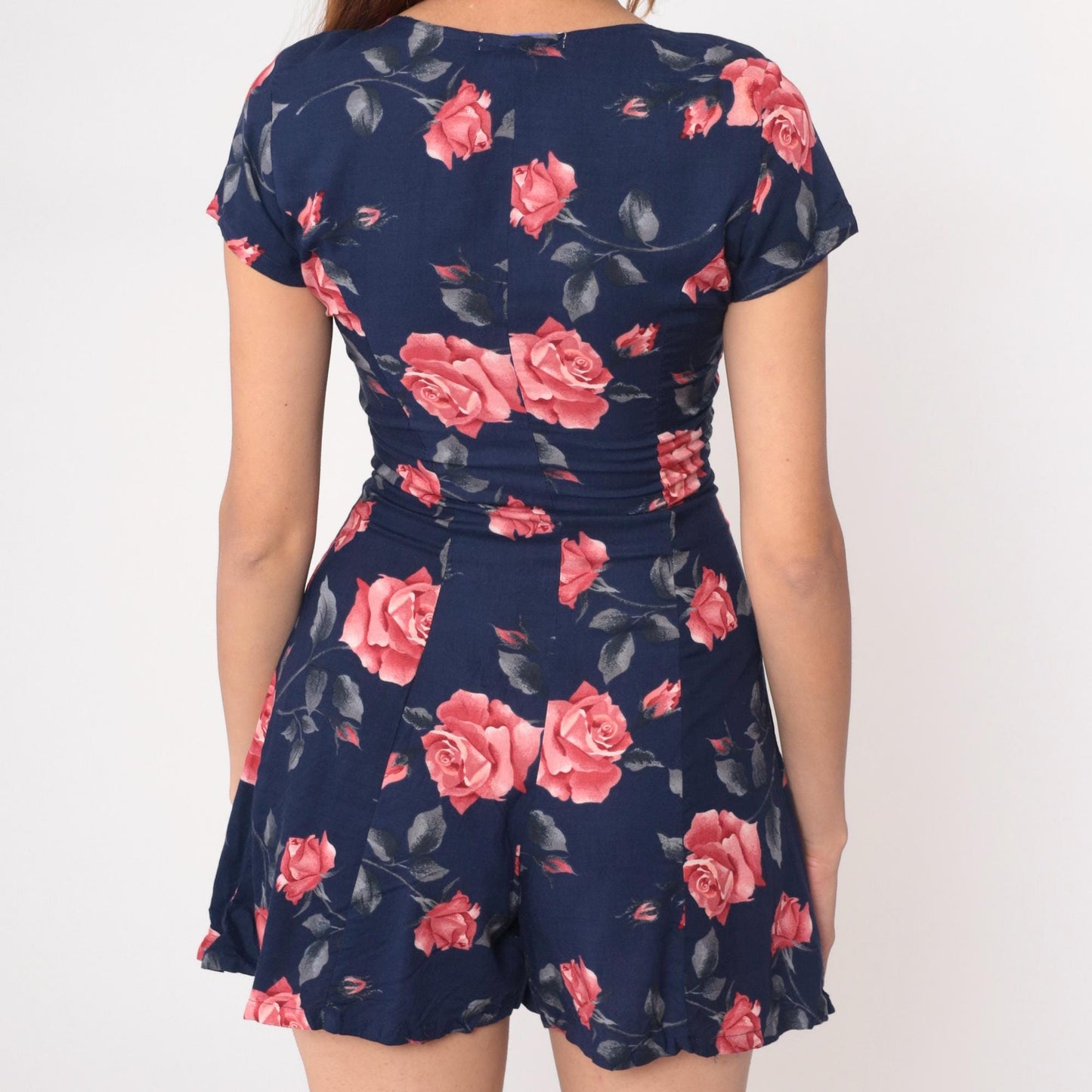90s Navy Floral Romper Pink Rose Print Button Front Mini Small S