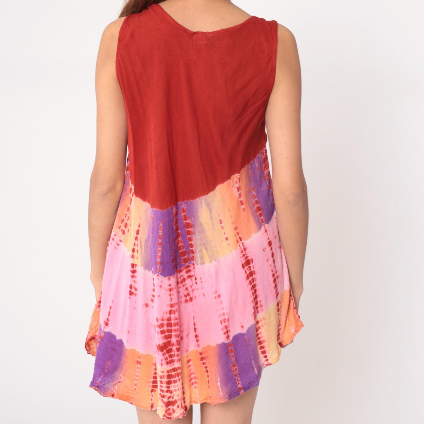 Y2K Tie Dye Mini Dress Red Pink Purple V Neck Sleeveless Medium