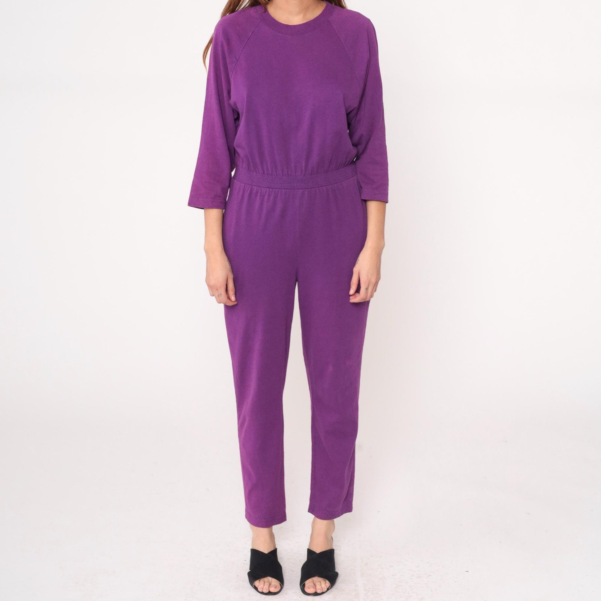 90s Purple Jumpsuit Cotton Raglan Crew Neck Tapered Ankle Medium M