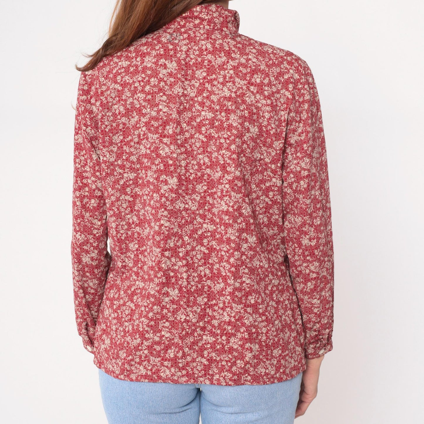 Y2K Burgundy Floral Button-Up Blouse TAK High Fashion Pointed Collar Large L