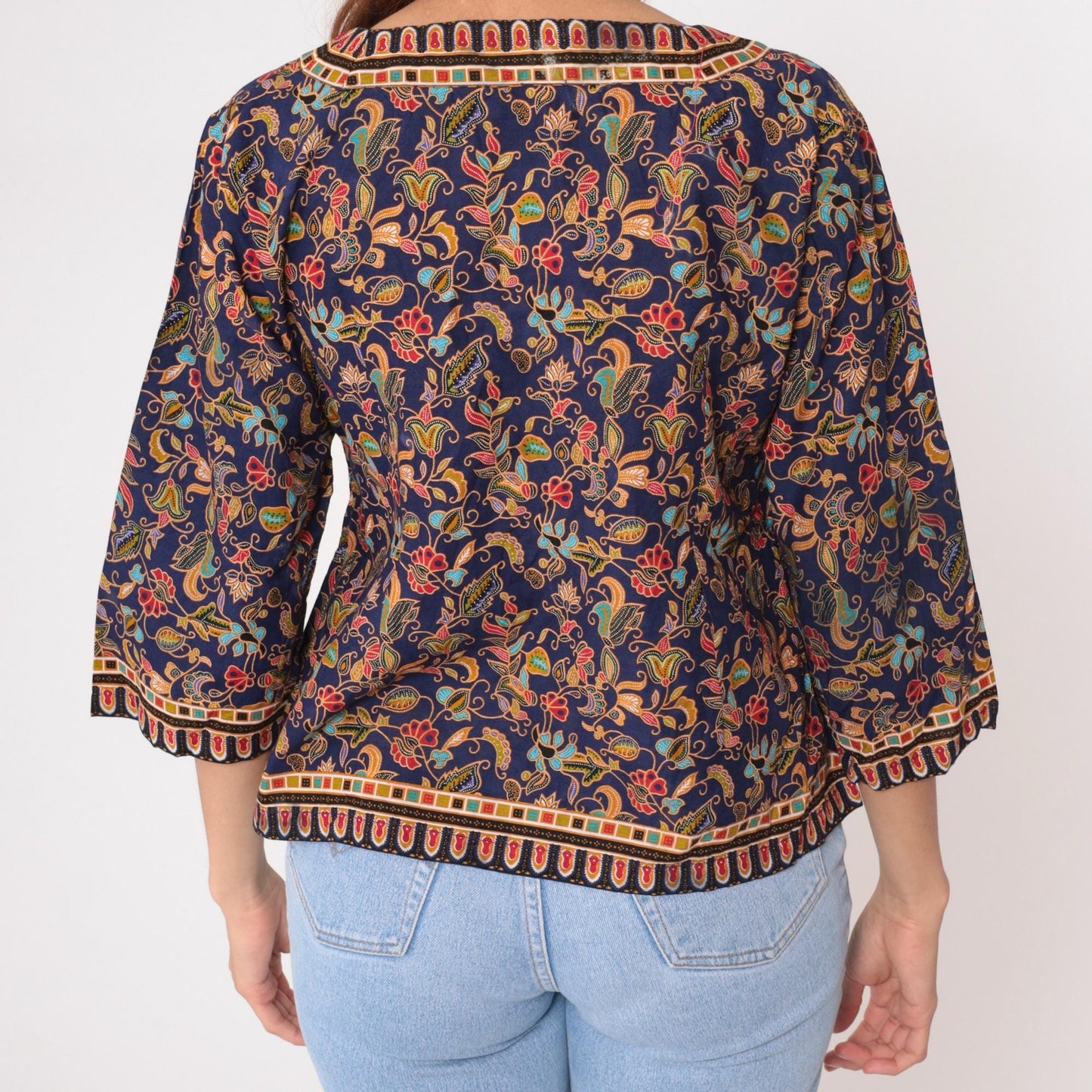 90s Navy Floral Paisley Cotton Blouse Geometric Trim Three Quarter Sleeve Small S
