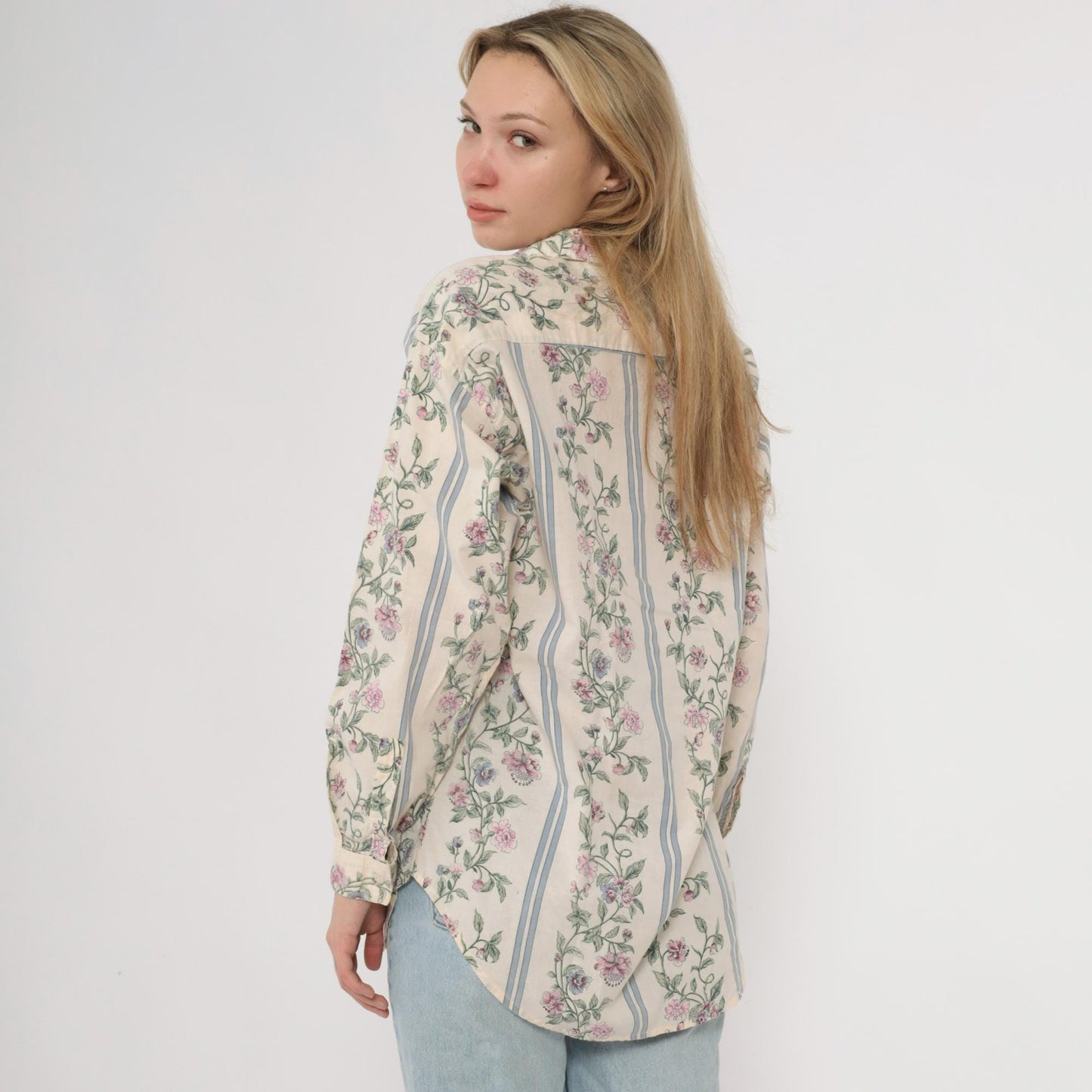90s Pure Love Take Away Floral Button Up Shirt Cream Small S