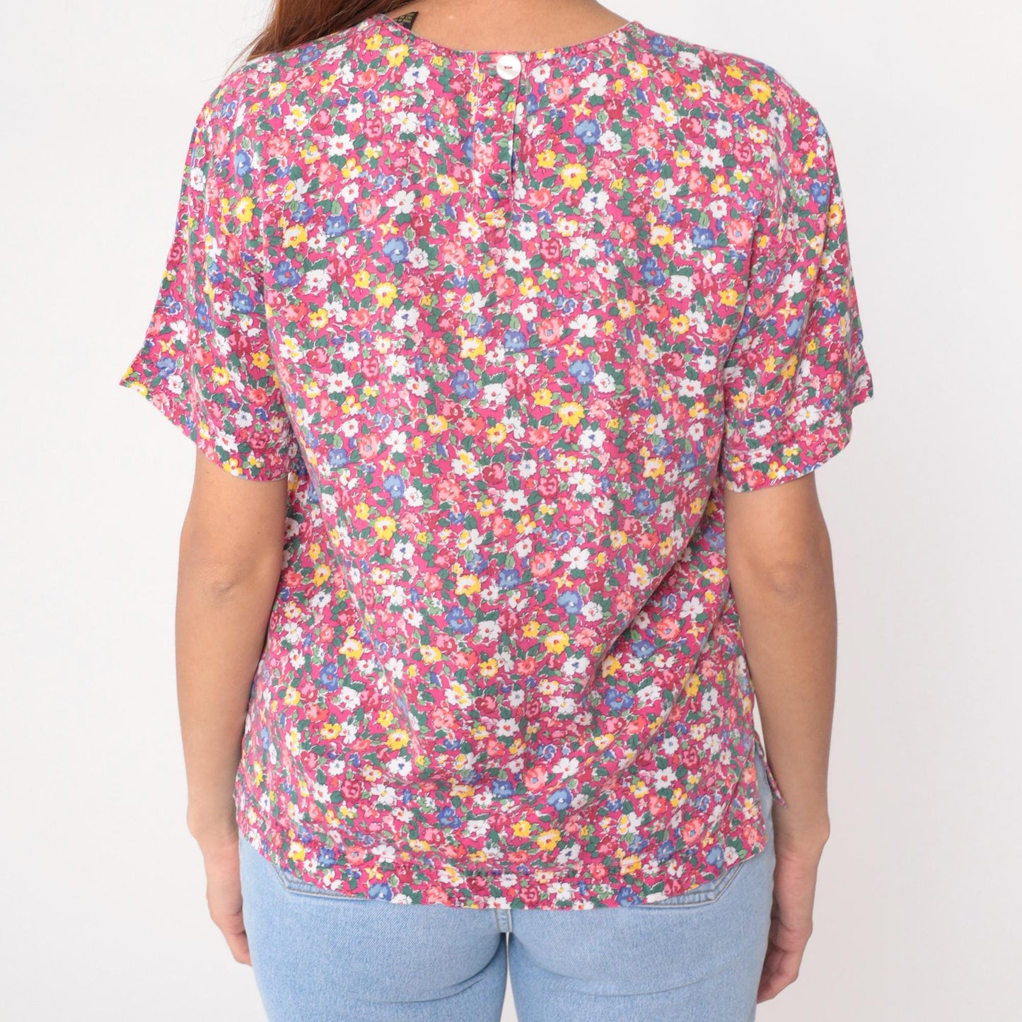 90s Liz Sport Petites Floral Blouse Pink Yellow Blue Rayon Short Sleeve Small S
