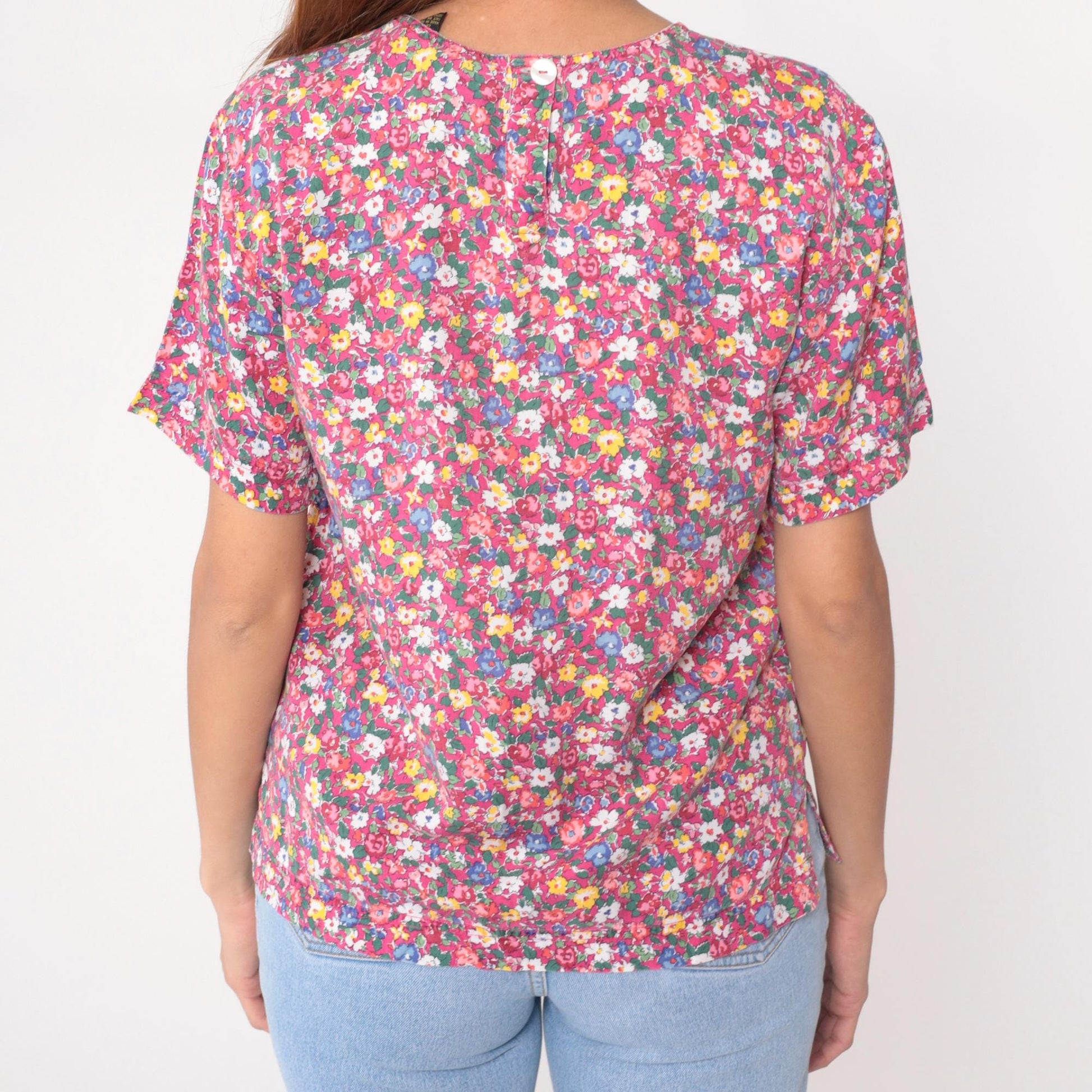90s Liz Sport Petites Floral Blouse Pink Yellow Blue Rayon Short Sleeve Small S