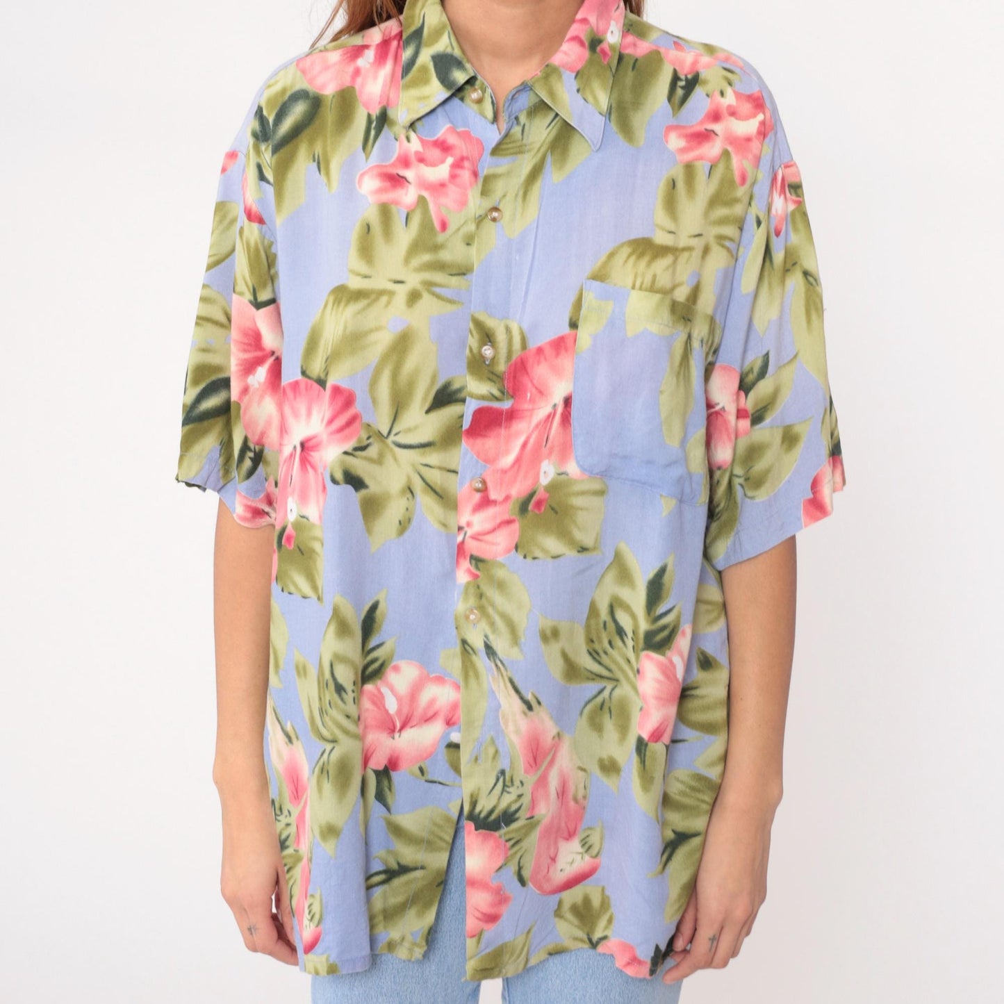 Y2K Floral Hawaiian Shirt Light Blue Pink Tropical Button-Up Large L