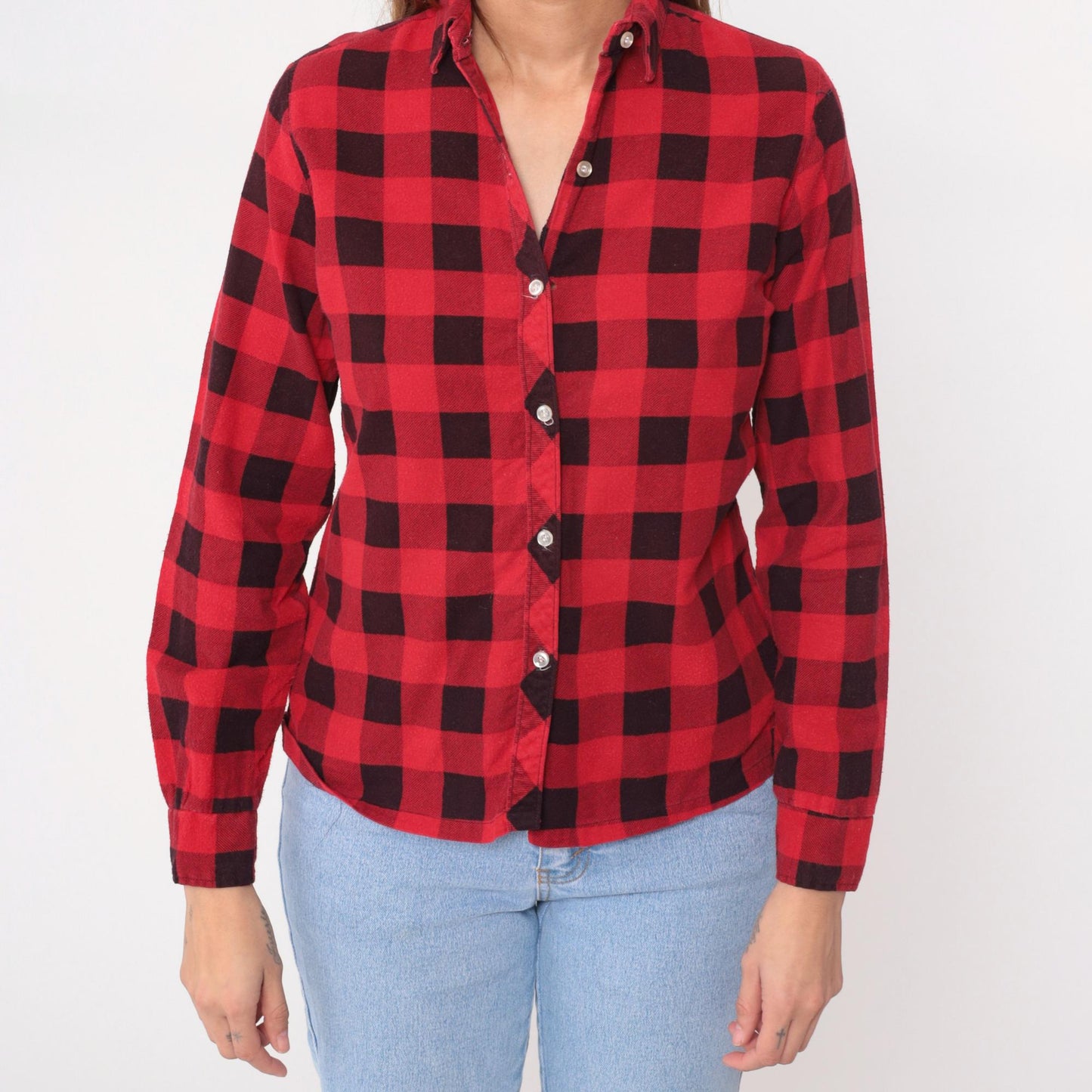 90s Red Buffalo Plaid Flannel Shirt Cotton Button-Up XS