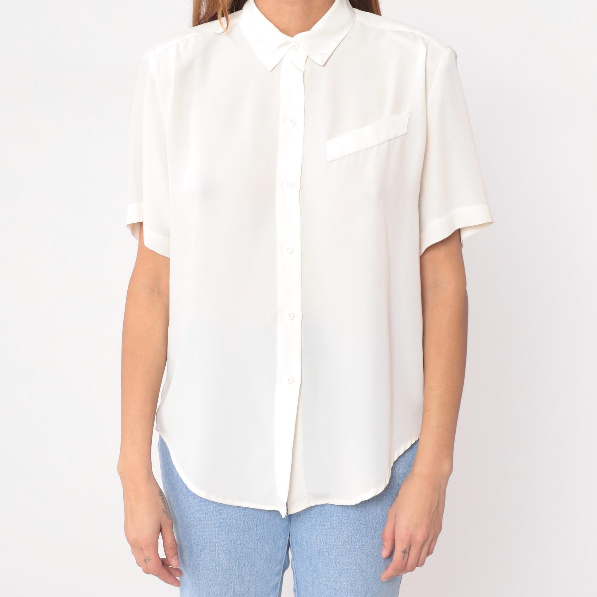 90s Heritage Road White Shirt Short Sleeve Pointed Collar Chest Pocket Medium