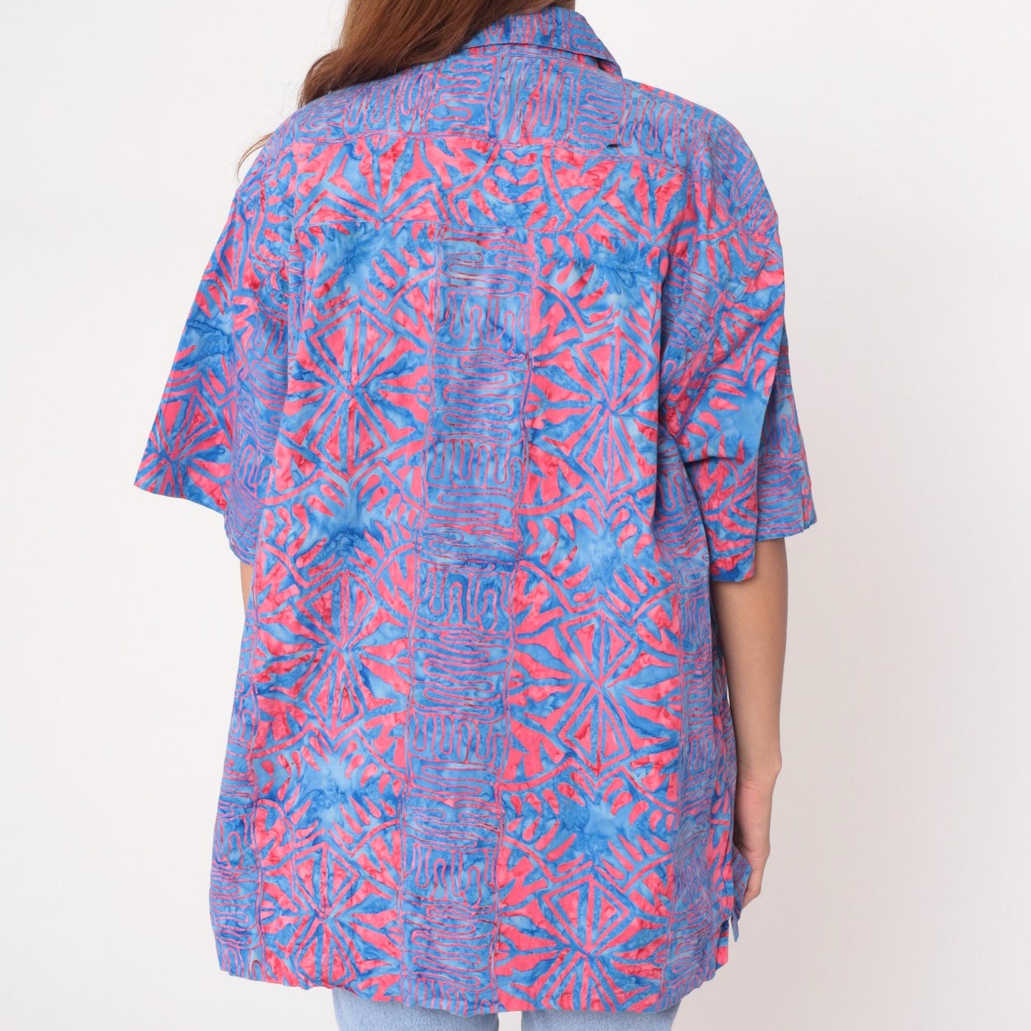 Y2K Johari West Abstract Batik Shirt Cotton Blue Pink Geometric Large L