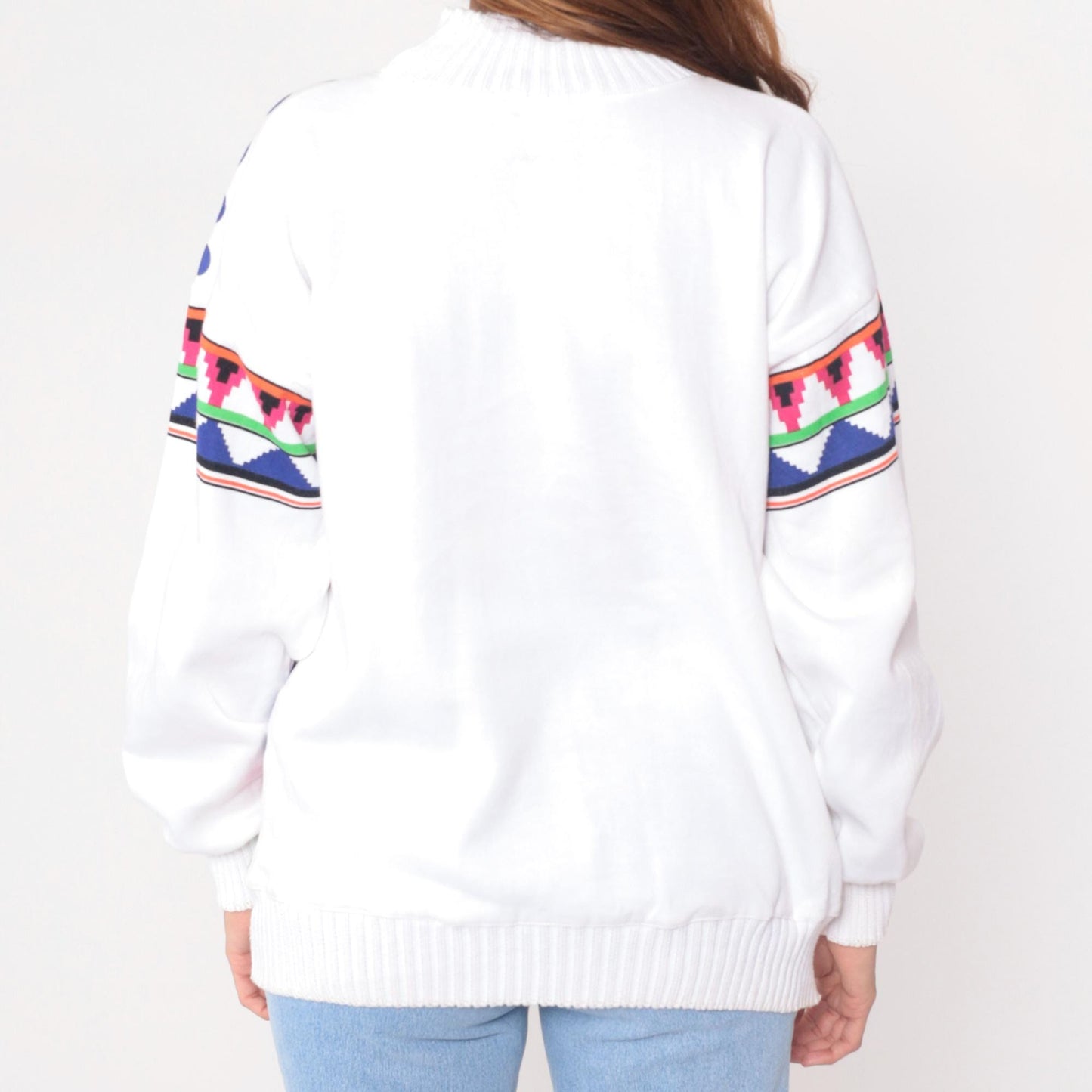 90s Architect Geometric Sweatshirt White Multicolor Tribal Print Medium M