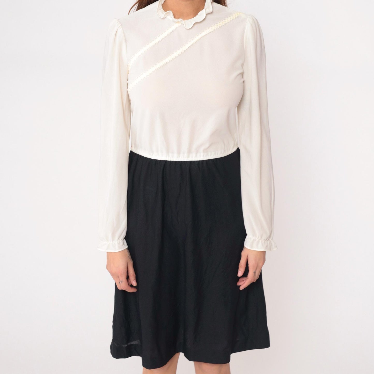 70s Jerell of Texas Black White Color-Block Dress Long Sleeve Ruffled Collar Large L