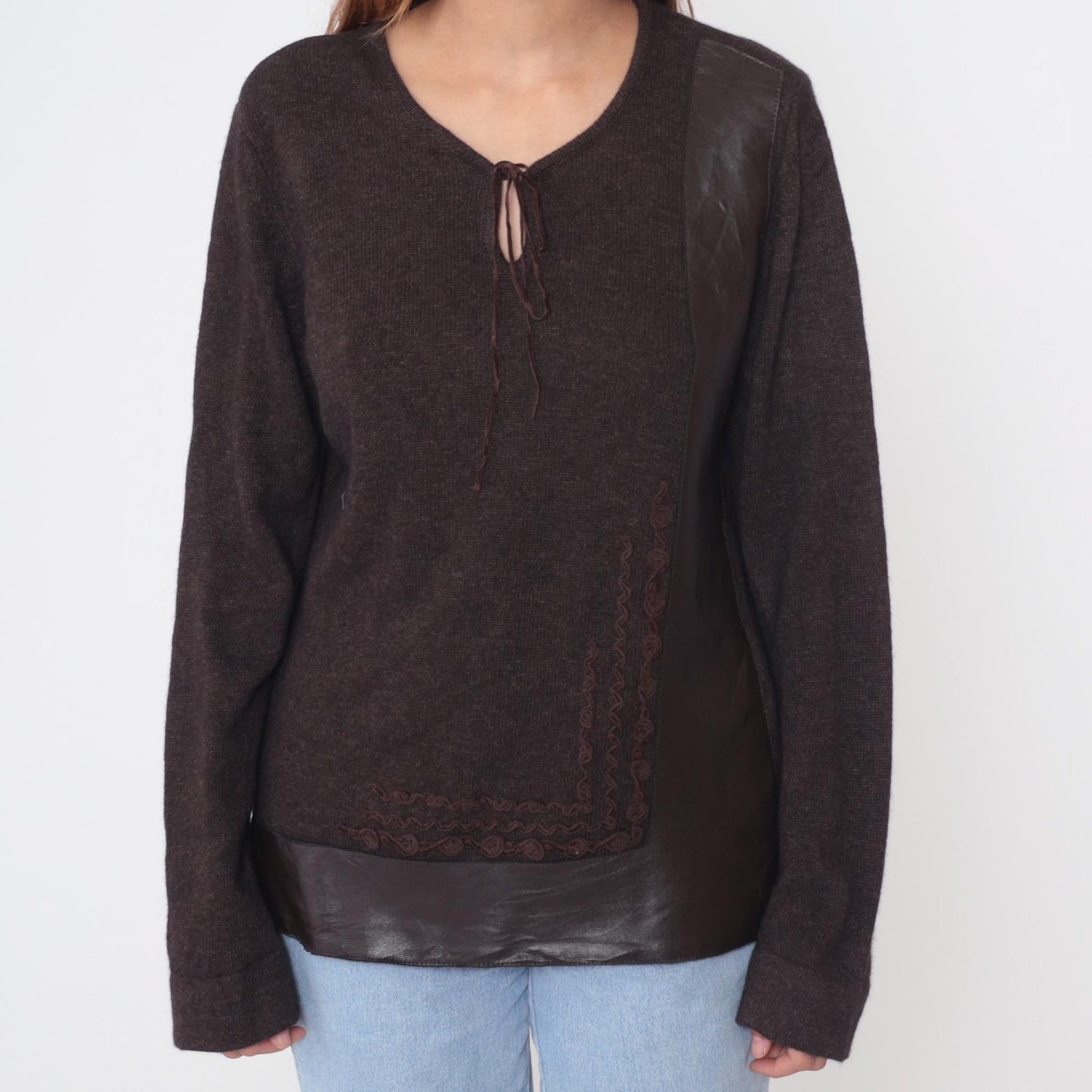Y2K Brown Merino Wool V-Neck Sweater Lace-Up Embroidered Tie Front Large L