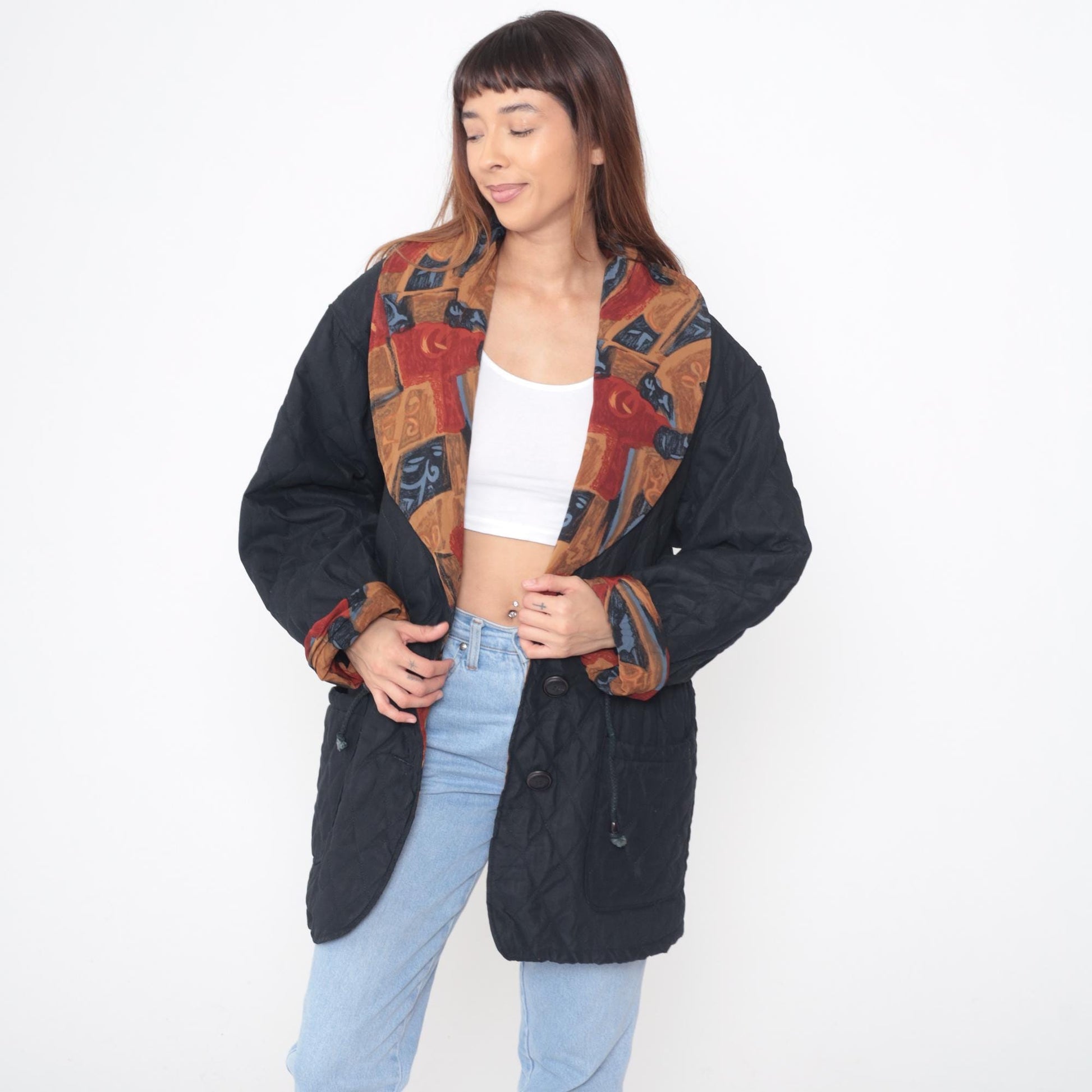 90s Quilted Jacket Black Button Front Geometric Print Collar Lining Large