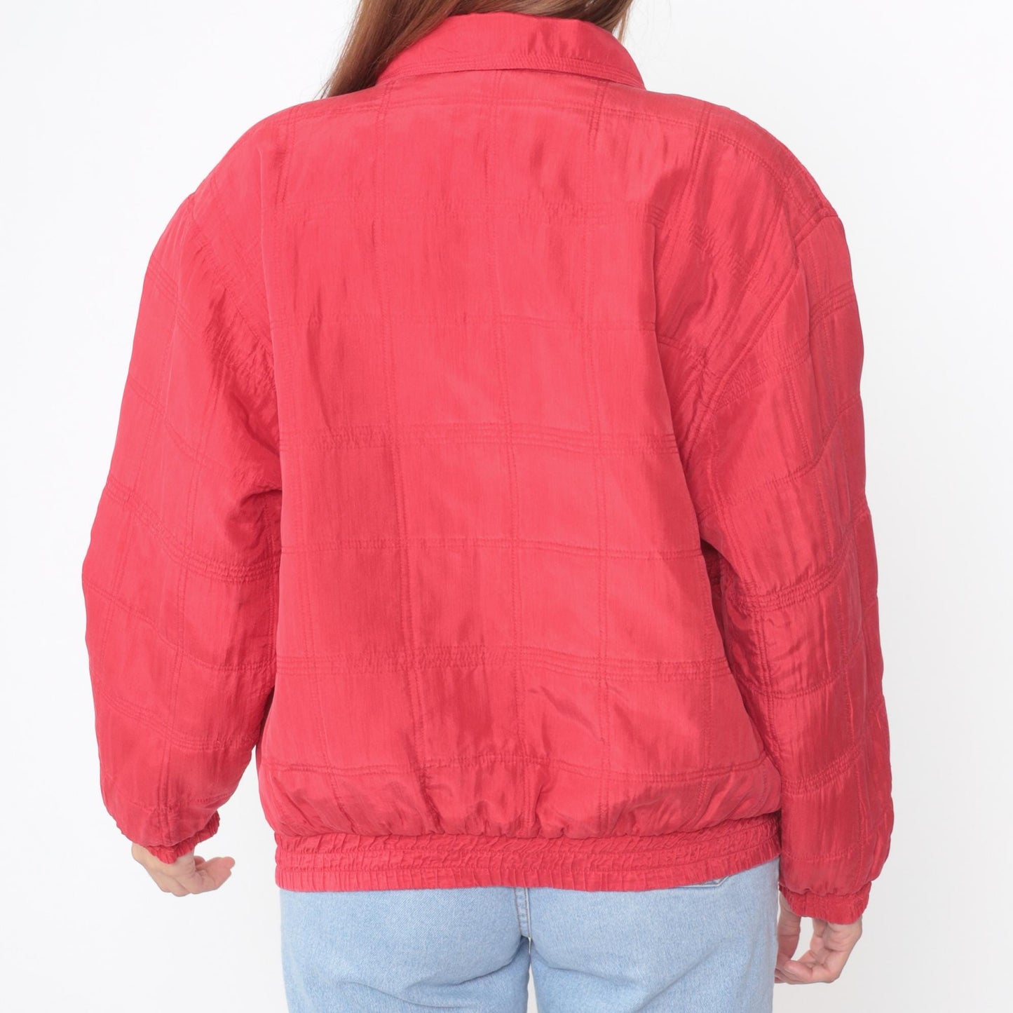 90s Javon Red Silk Bomber Jacket Quilted Zip Front Medium M