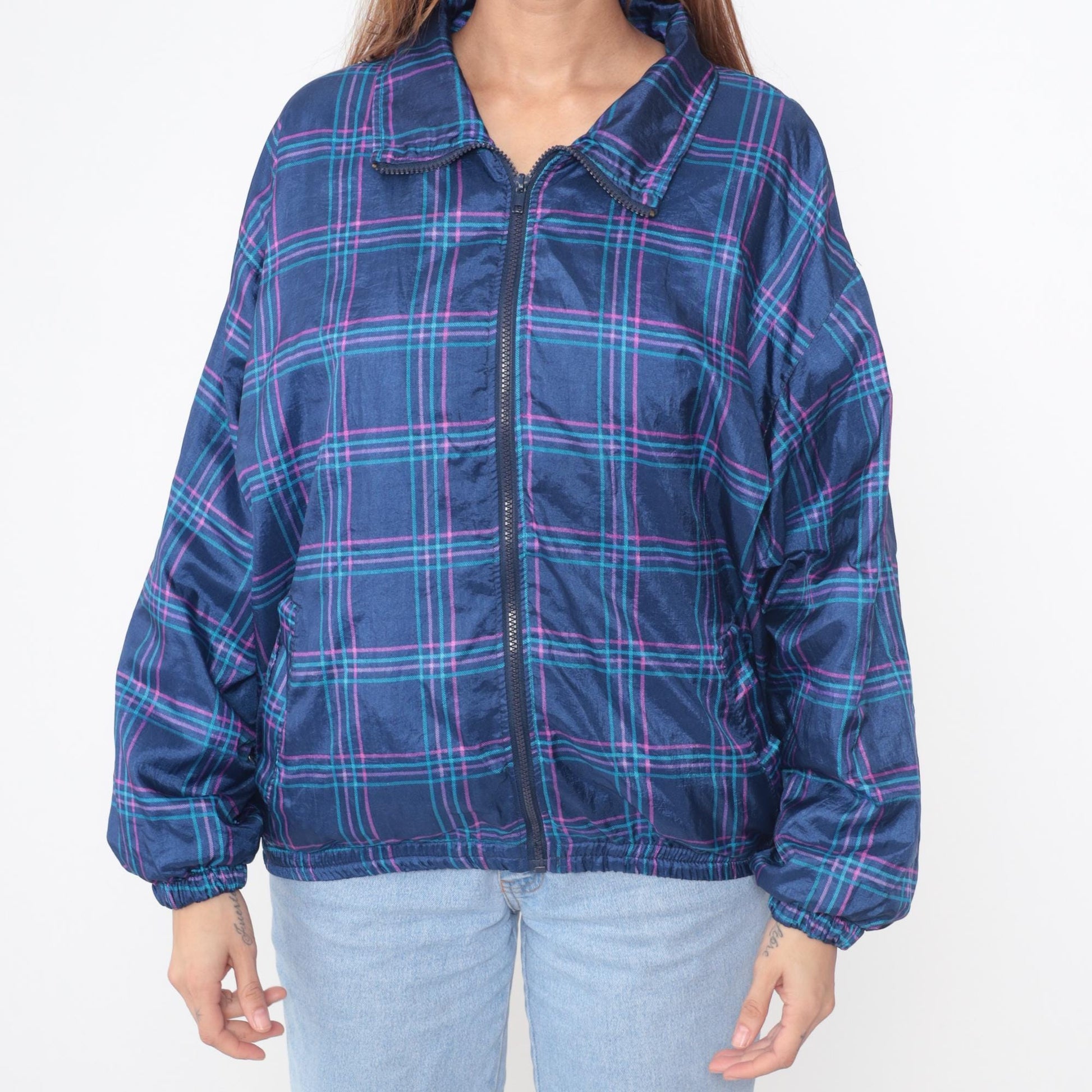90s Pro Spirit Plaid Windbreaker Navy Blue Pink Turquoise Medium