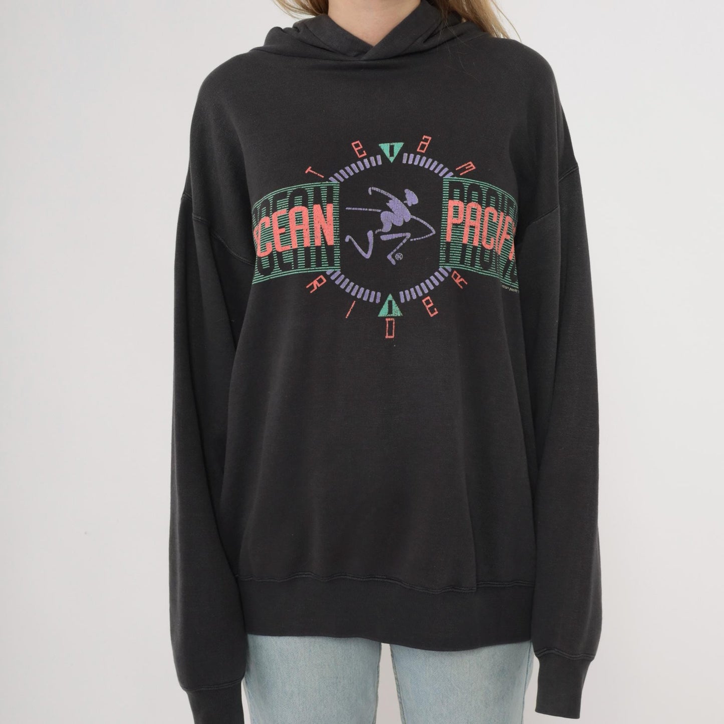 90s Ocean Pacific Black Hoodie Multicolor Graphic Surfer Pullover Large L