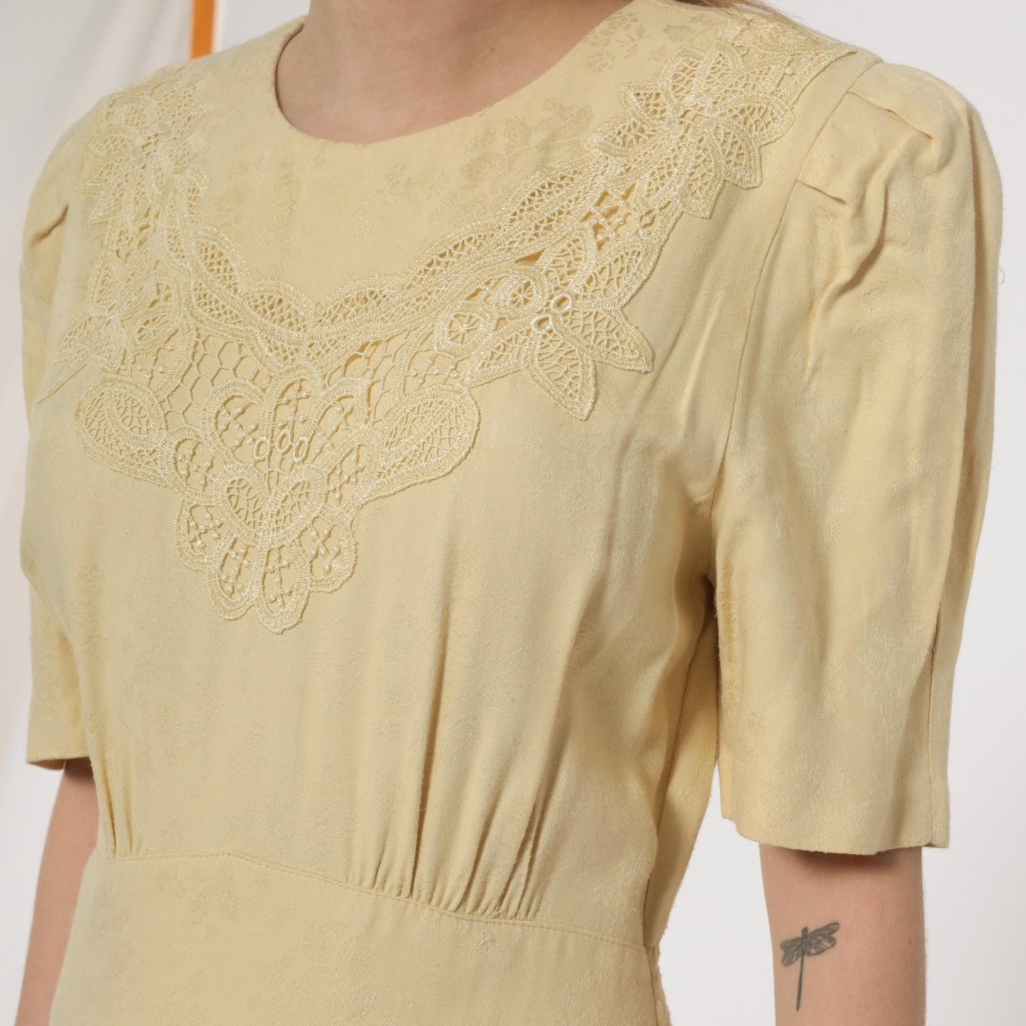 90s Karin Stevens Yellow Maxi Dress Embroidered Lace Smocked Waist Small