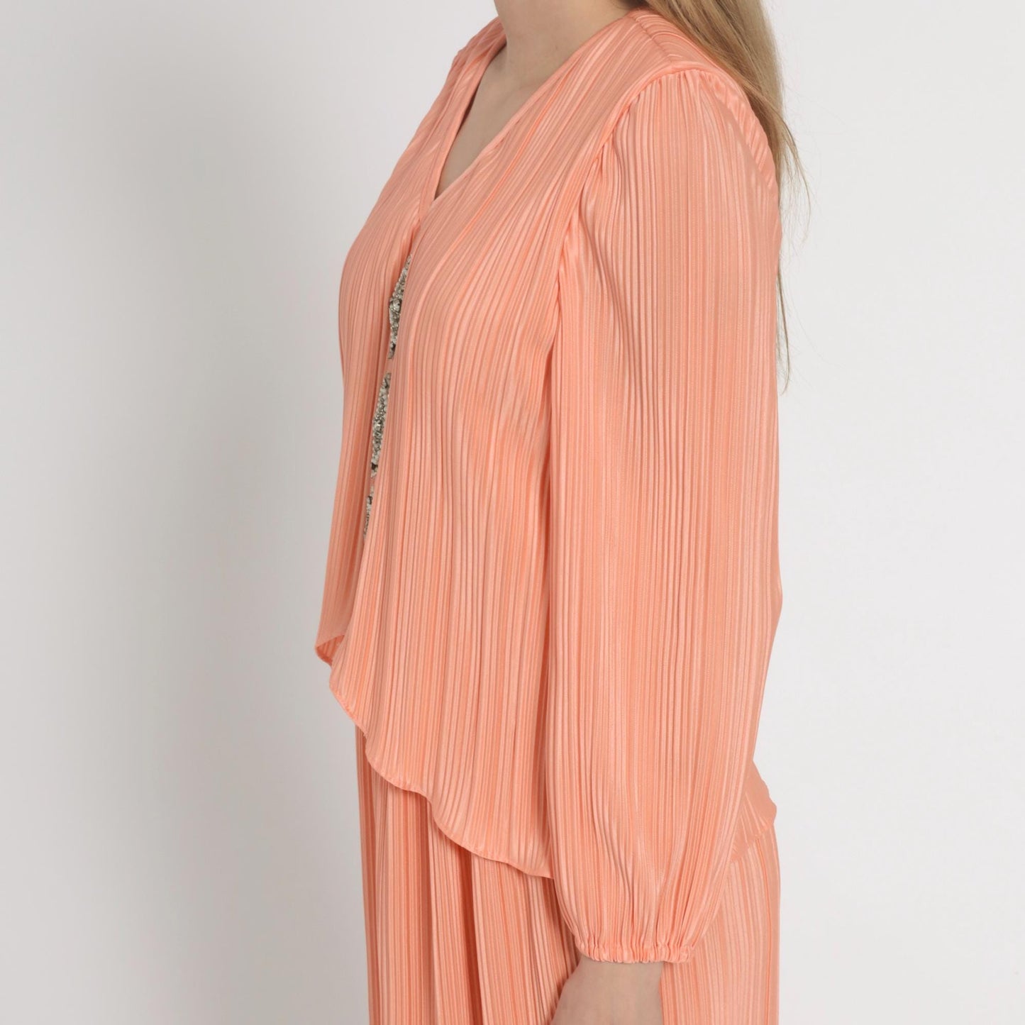 80s Carriage Court Peach Rhinestone Midi Dress Long Sleeve Pleated Large